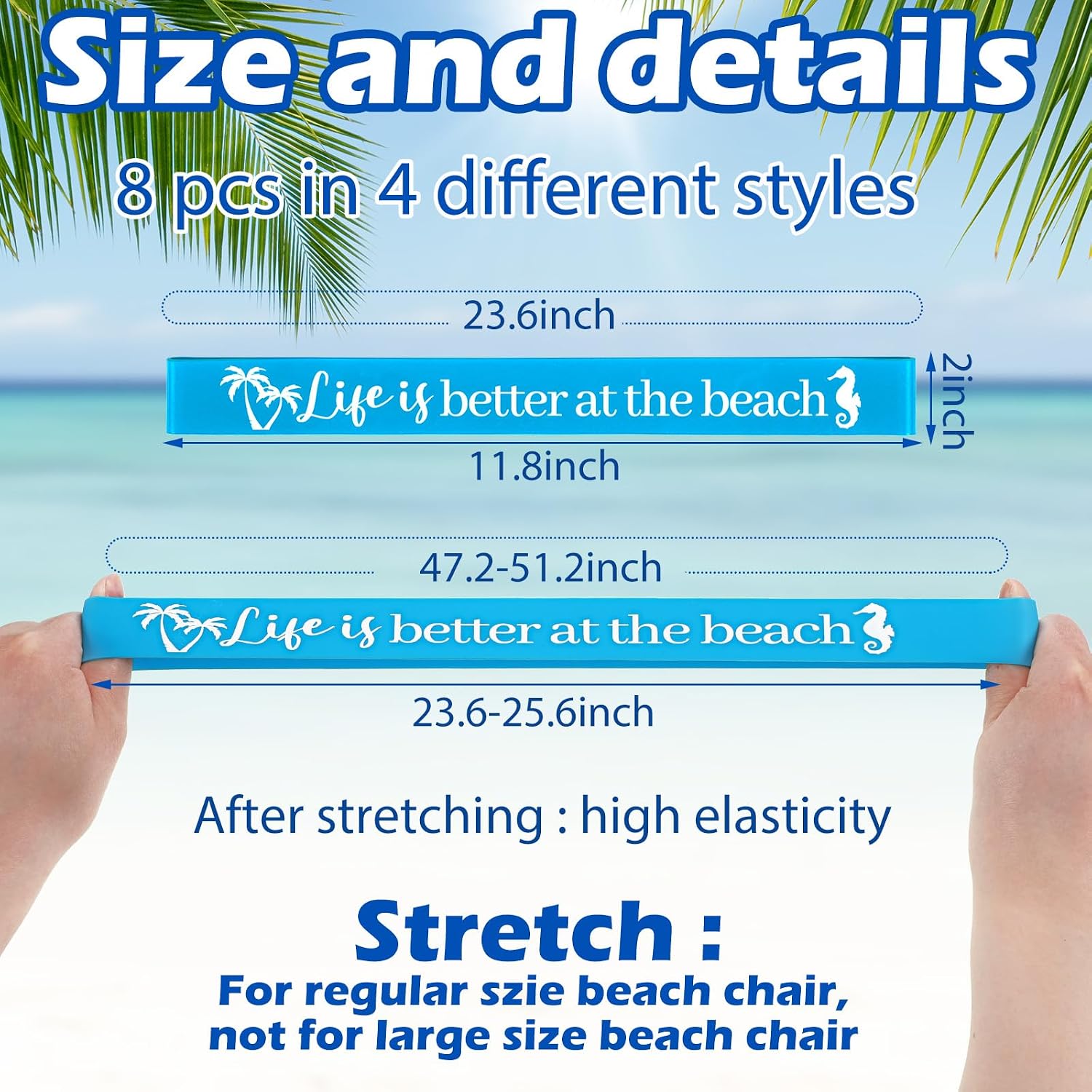 Junkin 8 Pcs Towel Band Beach Chair Clips Bands Rubber Pool Chair Towel Holders Windproof Beach Wide Elastic Supplies for Cruise Pool Swim Summer Vacation(Classic Style) image 3