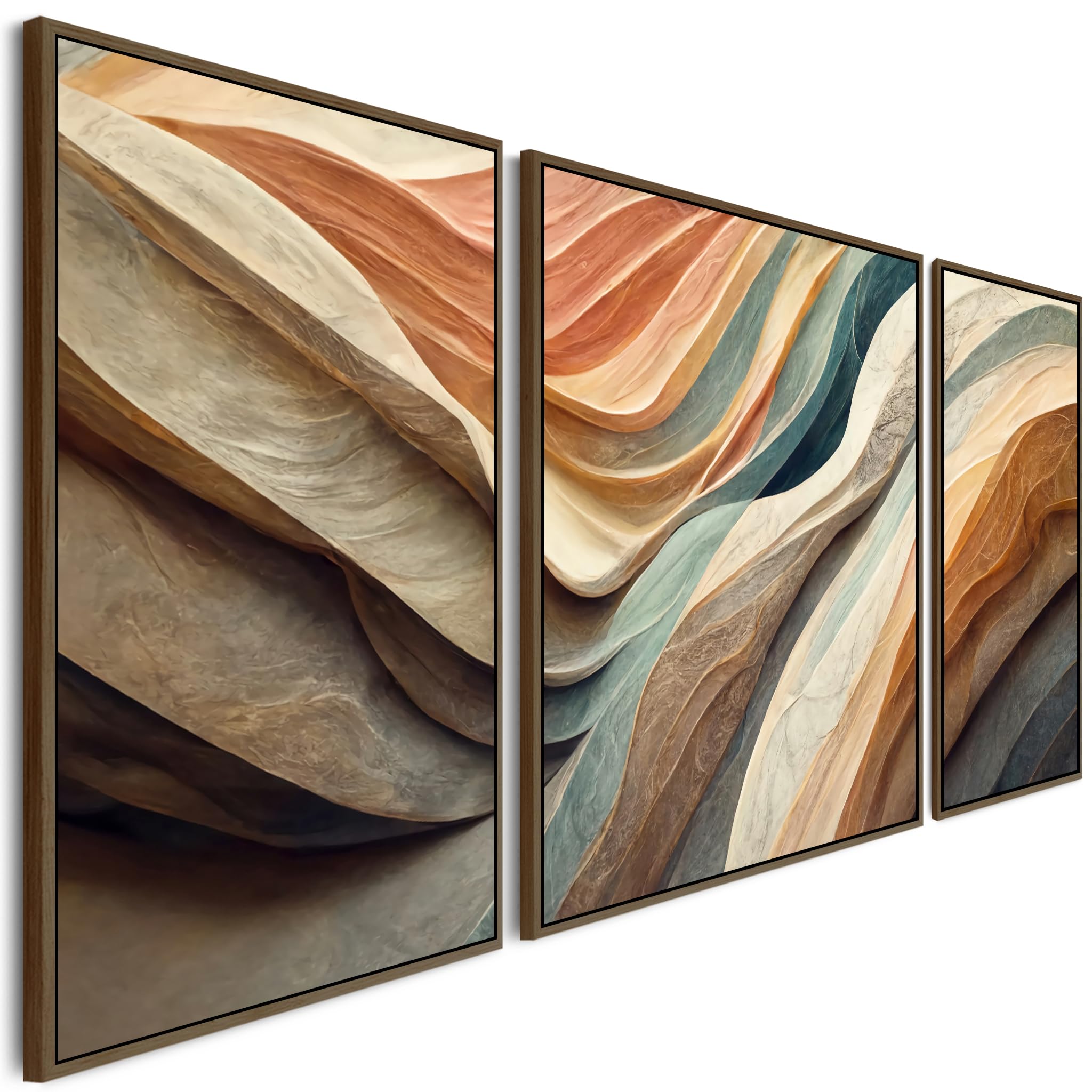 Extra Large Framed Wall Art Pictures for Living Room - Abstract Set of 3 - Teal Green Terracotta - XXL 212cm Wide