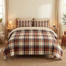 Comforter Set Twin Size, Tartan Fall Orange 5 Pcs Bedding for Kids and Adults, Navy Check Bed Sheet Sets with Fitted Sheet Pillowcases & Shams for Bedroom Bed Decor