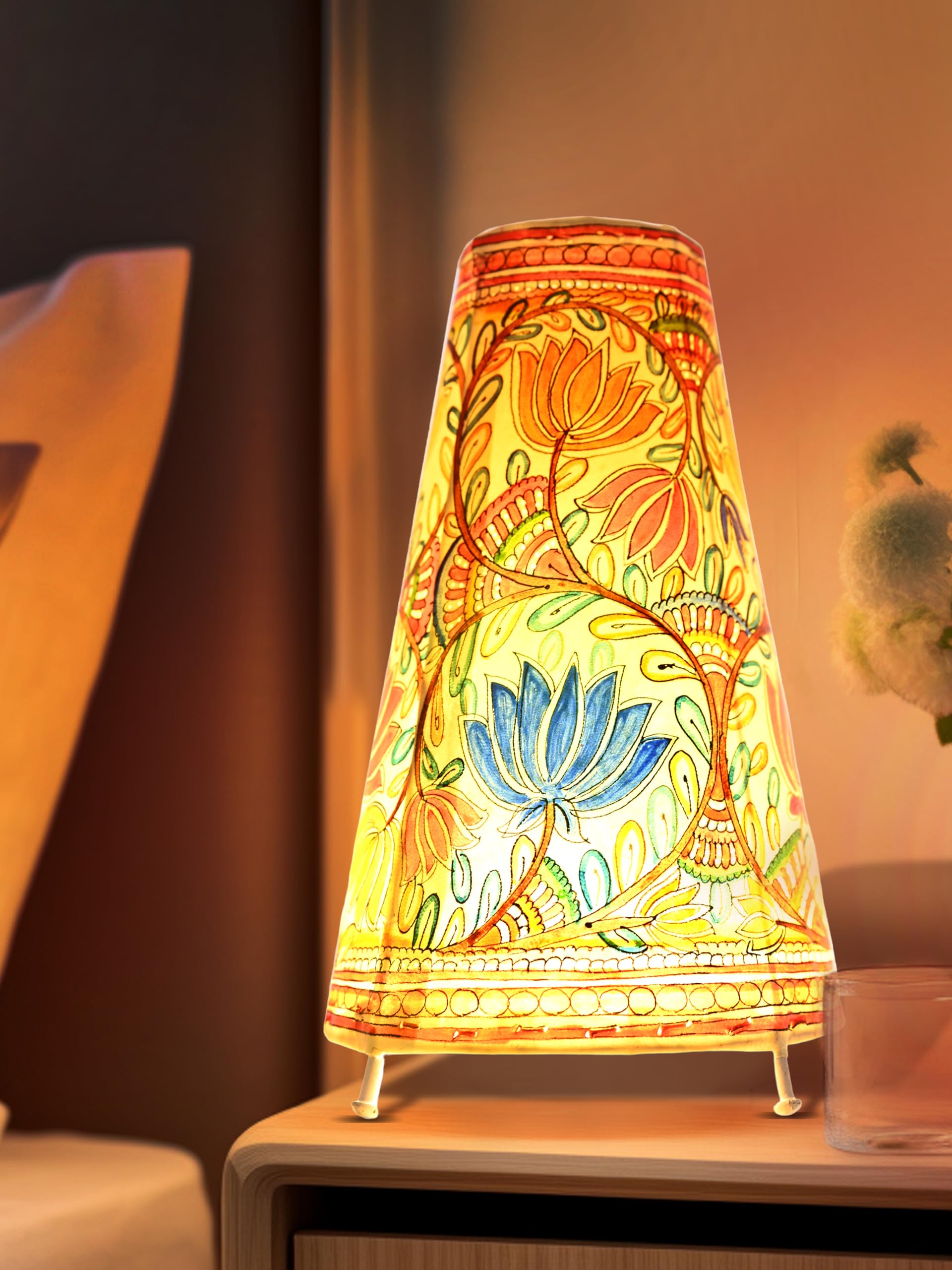 SHILP KATHA Handicraft Leather Table Lamp for Home Decoration | Handmade Side Table Lamp Shade for Bedroom Decor | Decorative Festival Gift for Living Room, Desk, Spiritual Décor | Lotus Bloom