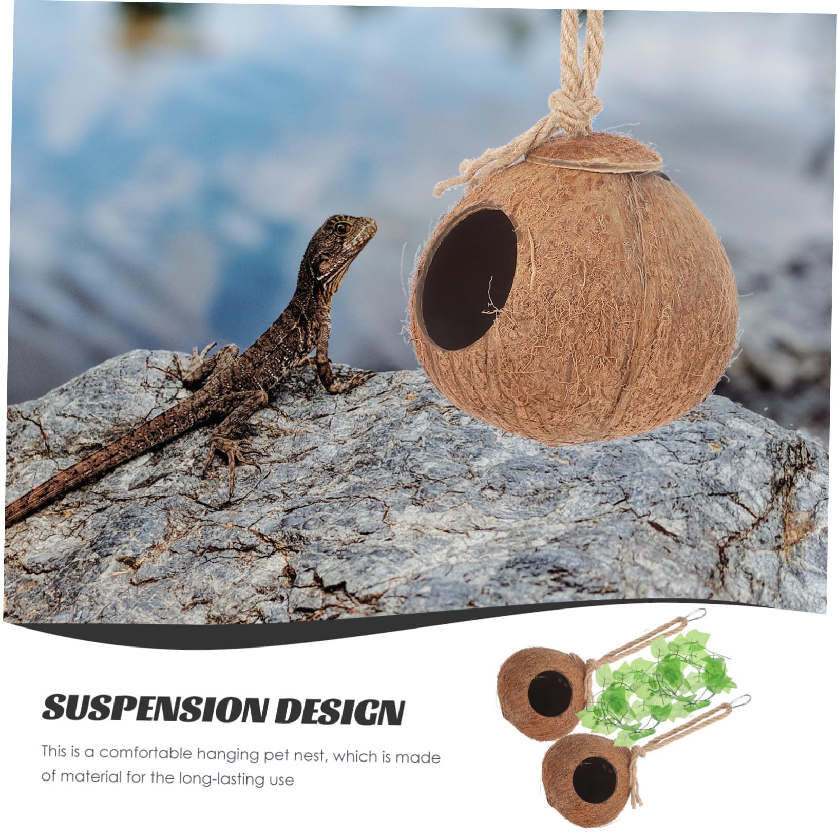Reptilien Haustiernest und Natürlichen Gras aus Kokosnussschalen 4 Stück mit Bequemem Hängenest Strapazierfähigem Seil und Natürlichem Gras für Kleine Haustiere und Eidechsen