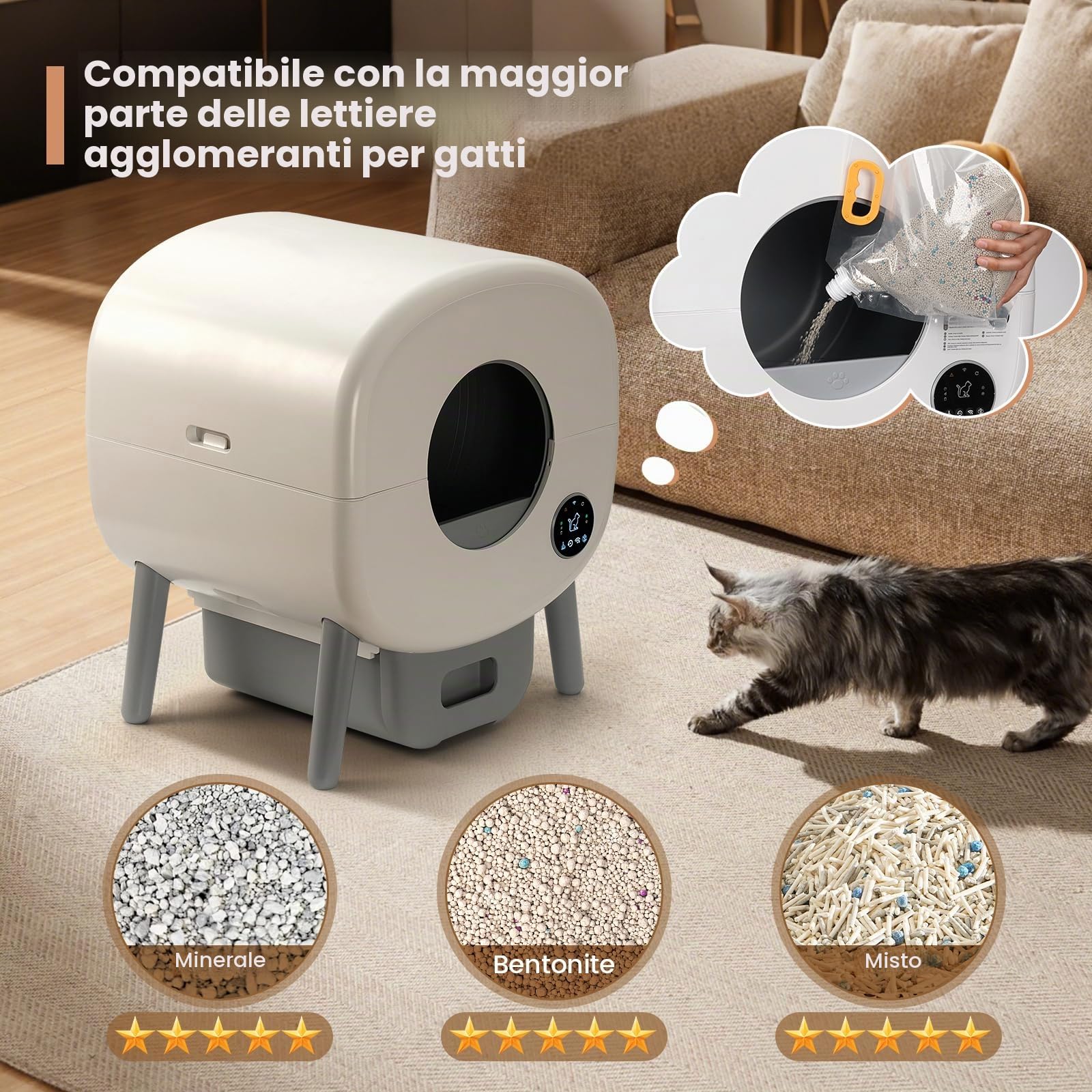 TAYACICY Lettiera autopulente, grande capacità, autopulente, per più gatti, con controllo app e protezione di sicurezza, 2 sacchetti per lettiera, colore bianco