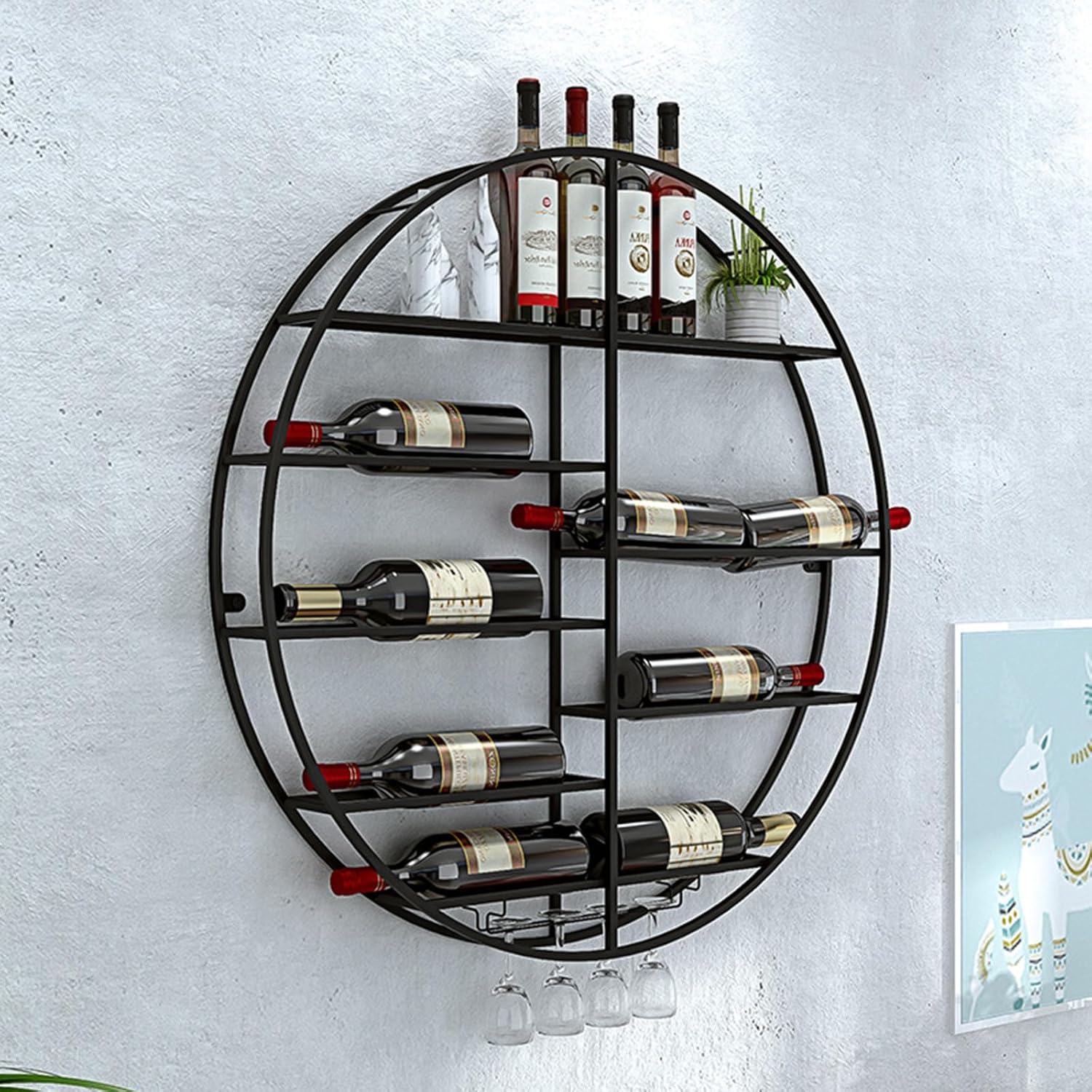 Round Wall Mounted Wine Rack,Wine Display Rack,Hanging Wine Bottle Holder for Home Bar Dining Room Kitchen,Black