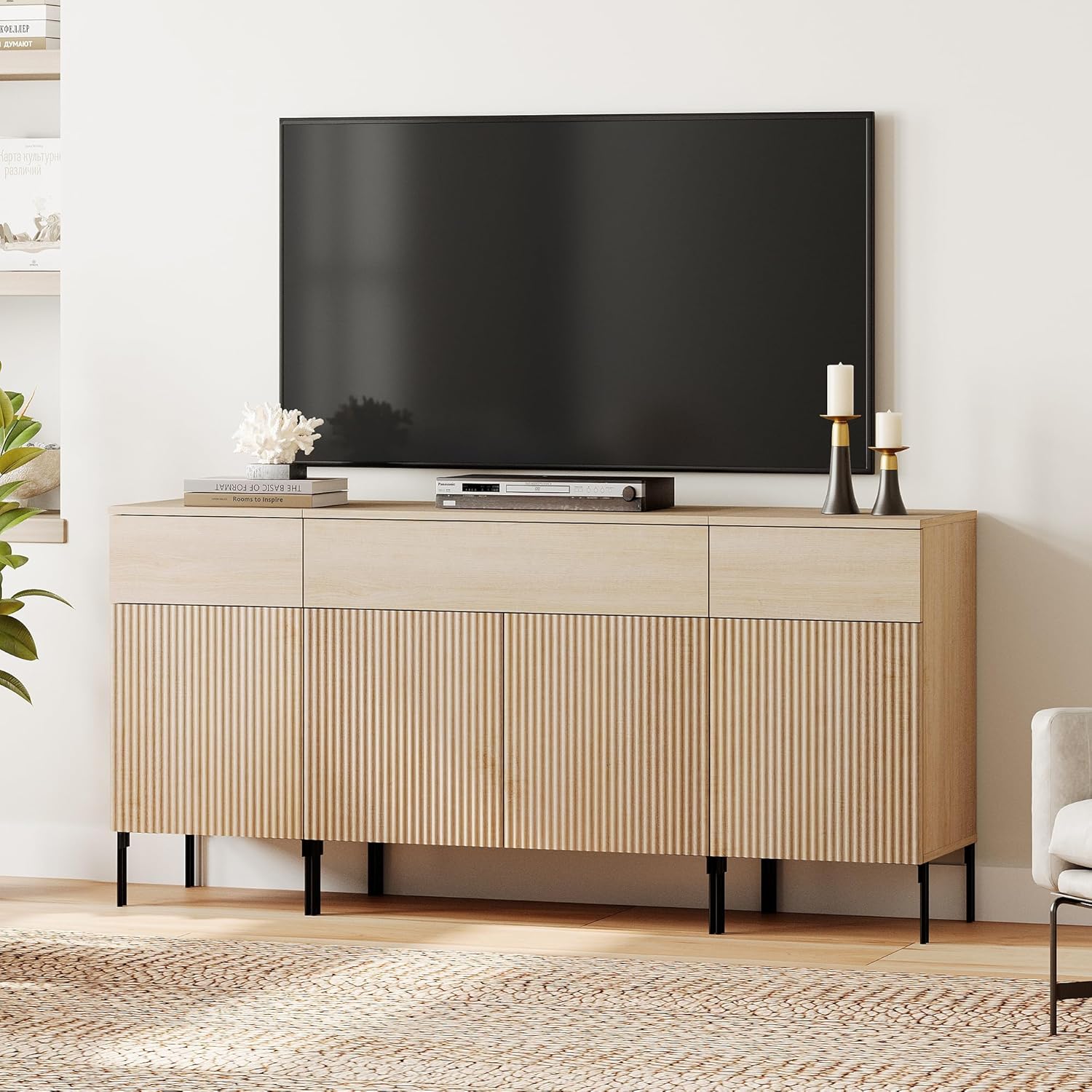 WAMPAT 3 in 1 Modern TV Stand for 60+ Inch TV, 63" W Fluted TV Entertainment Center with Storage Cabinets and 3 Drawers & 4 Doors, Wooden TV Console Table with Storage for Living Room, Beige