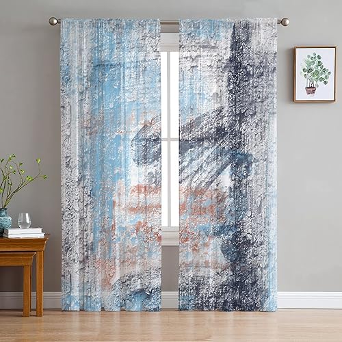 Miniatura 1 de Sheer Curtains 84 Inch Long Street Blue Modern Abstract Art Rod Pocket Voile Semi-Sheer Window Treatment Drapes for Living Room Bedroom Windows 2