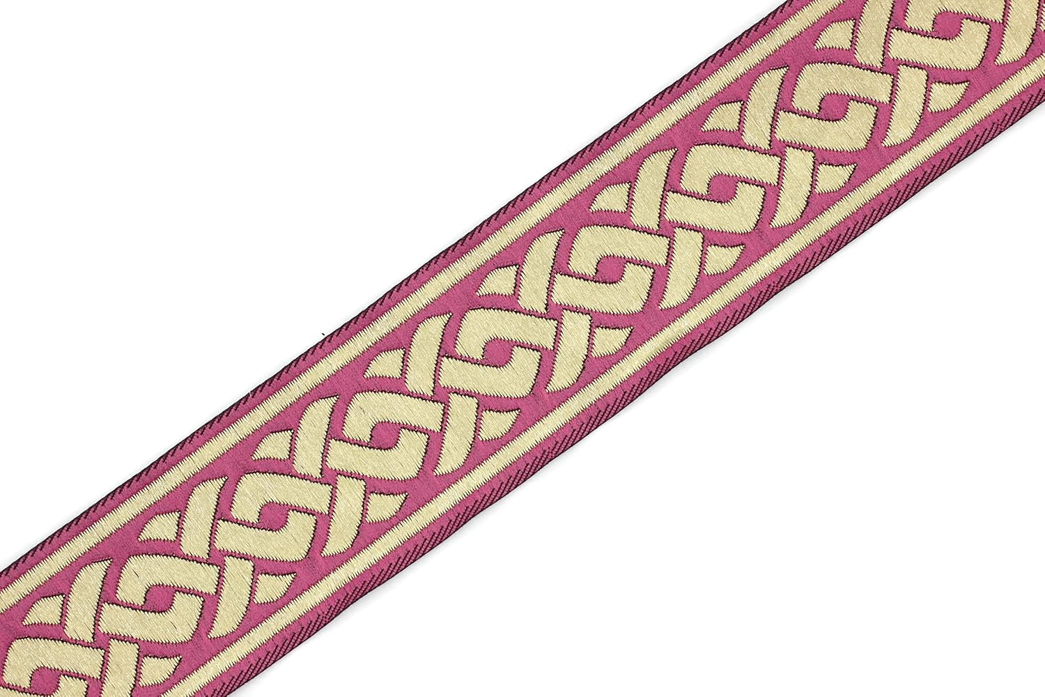 11 Yards Spool 1.37" Pink & Gold Celtic Knot Jacquard Ribbon Sewing Trim Upholstery Fabric Costume Embellishment Woven Trimming 35069