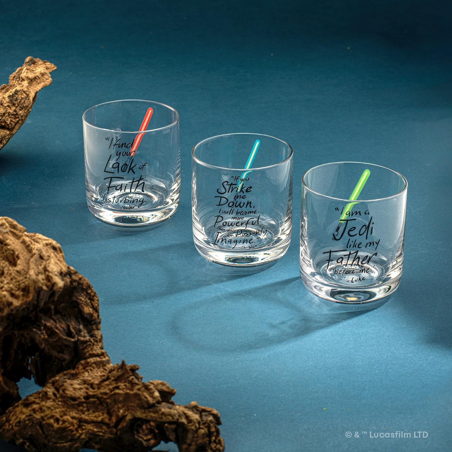 JoyJolt Star Wars Lightsaber Collection 10oz Drinking Glasses, Set of 6 Limited Edition Obi Wan Kenobi Darth Vader Luke Skywalker™ Glass Tumblers, Star Wars Gifts Short Drinking Glass Set