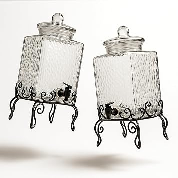 5 Gallon Hammered Glass Beverage Dispenser With Metal Stand, Durable Glass Drink Dispenser For Parties, Juice, Lemonade And More, Elegant Pack Of 2