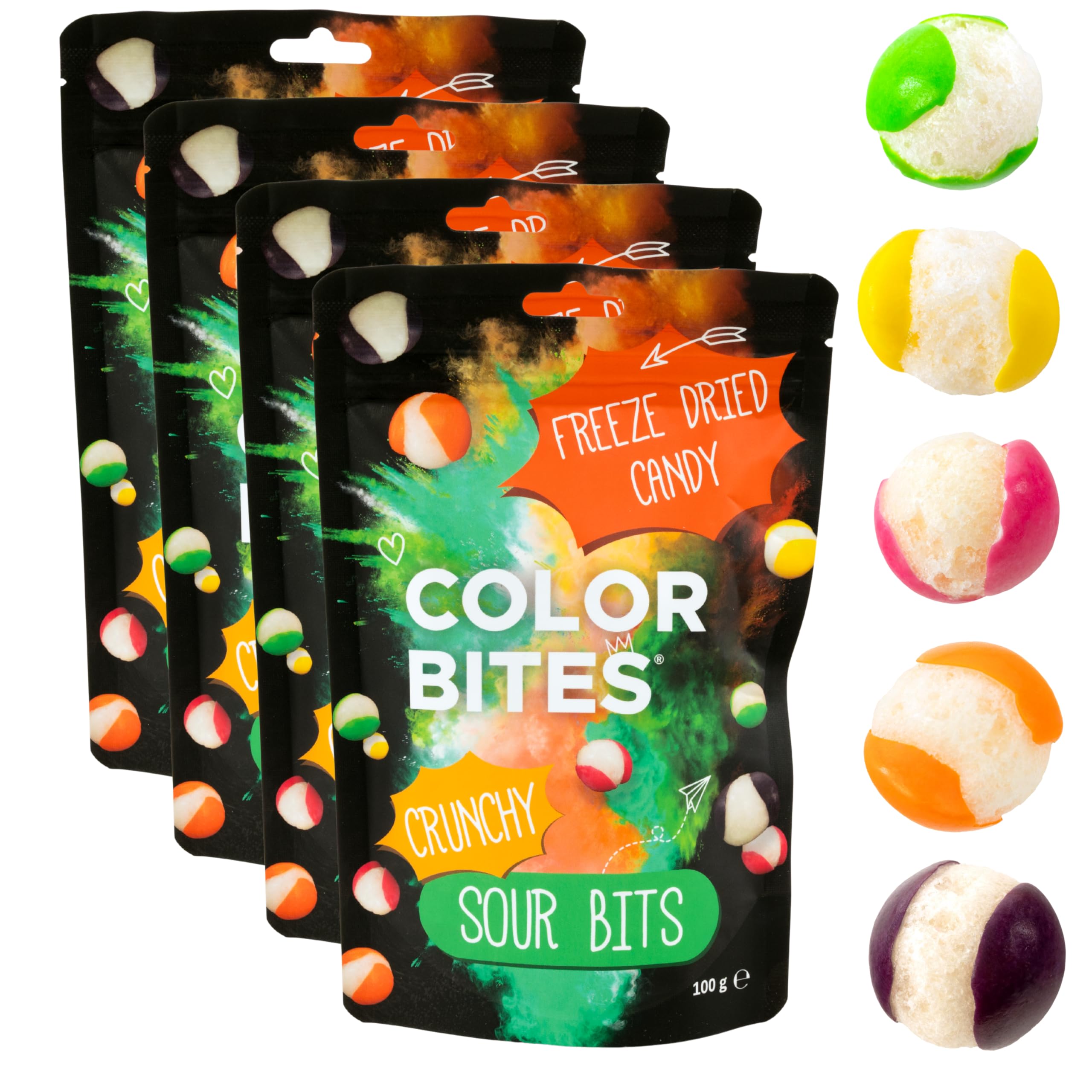 Color Bites – Gefriergetrocknete Süßigkeiten - Freeze Dried Candy - Crunchy Sour Bits - 4x100 g Knusprige Vegan Bonbons – American Candy & TikTok Trend
