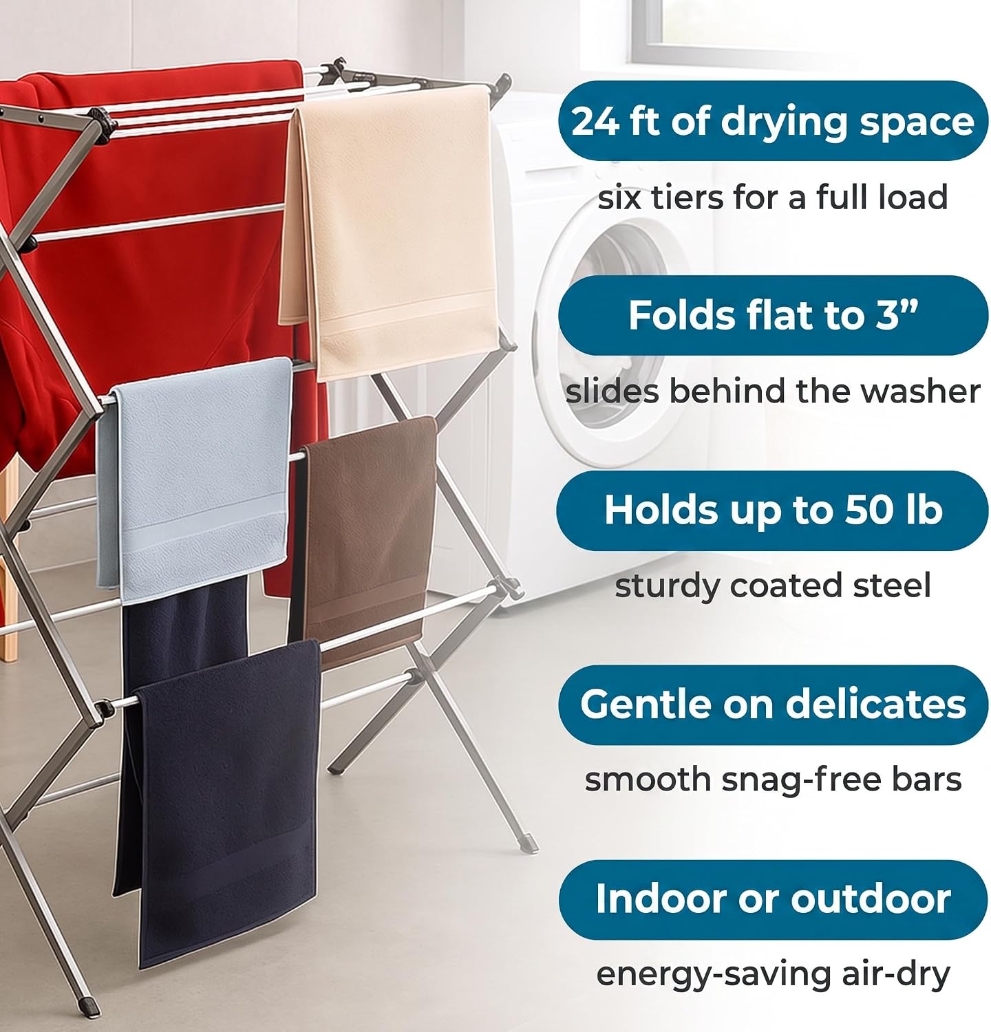 Honey-Can-Do 6-Tier Collapsible Steel Clothes Drying Rack, 24 ft, White image 4