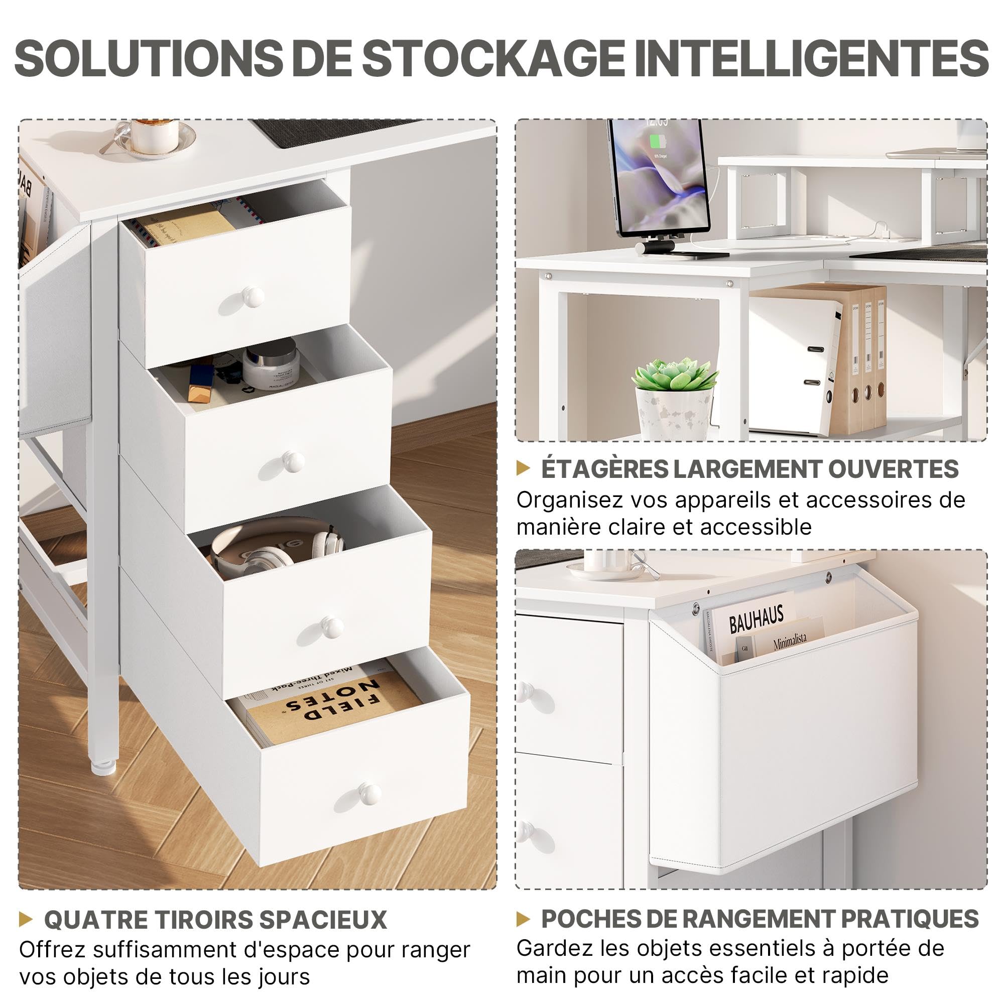 Abician Bureau d'angle Réversible, 140x68cm, avec Port De Charge USB, Blanc