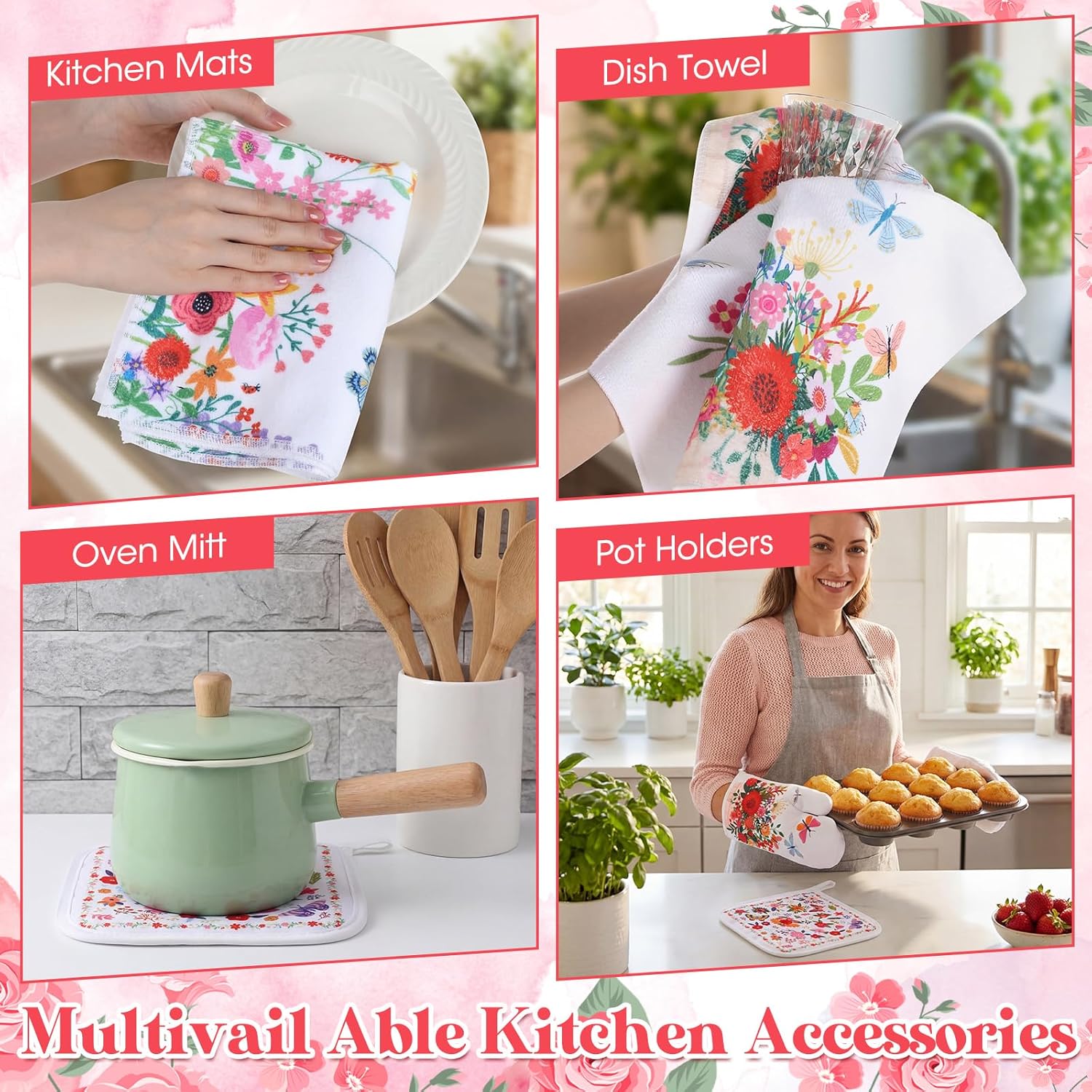 Zhehao 10 Pcs Flower Kitchen Sets Kitchen Towels, Scalloped Rugs, Oven Mitt and Potholder Set Farmhouse Floral Decor Boho Accessories for Floor Home Decorations Accessories Mom Gifts