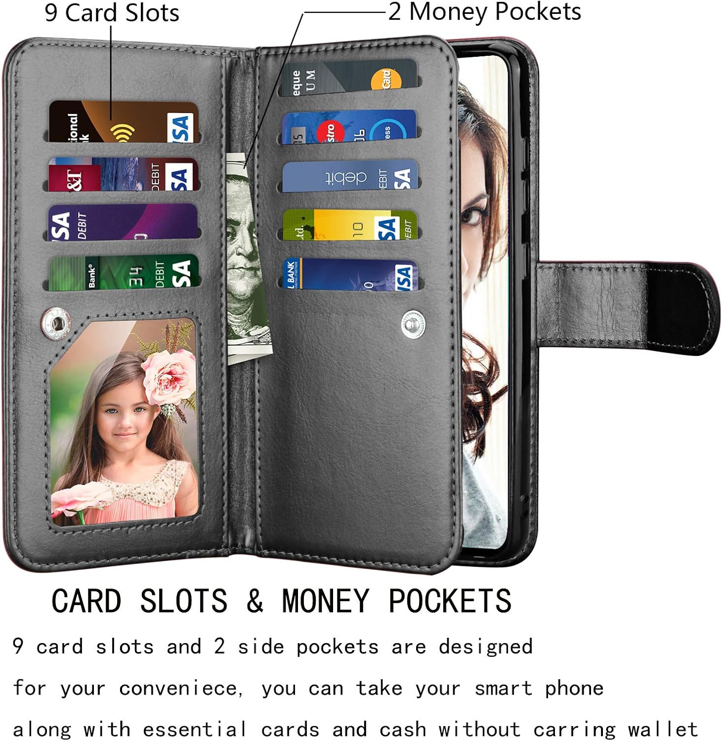NJJEX Samsung Galaxy A71 Case, for 6.7" Galaxy A71 Wallet Case,[9 Card Slots] PU Leather ID Credit Holder Folio Flip [Detachable] Kickstand Magnetic Phone Cover & Lanyard for Samsung A71 -Black