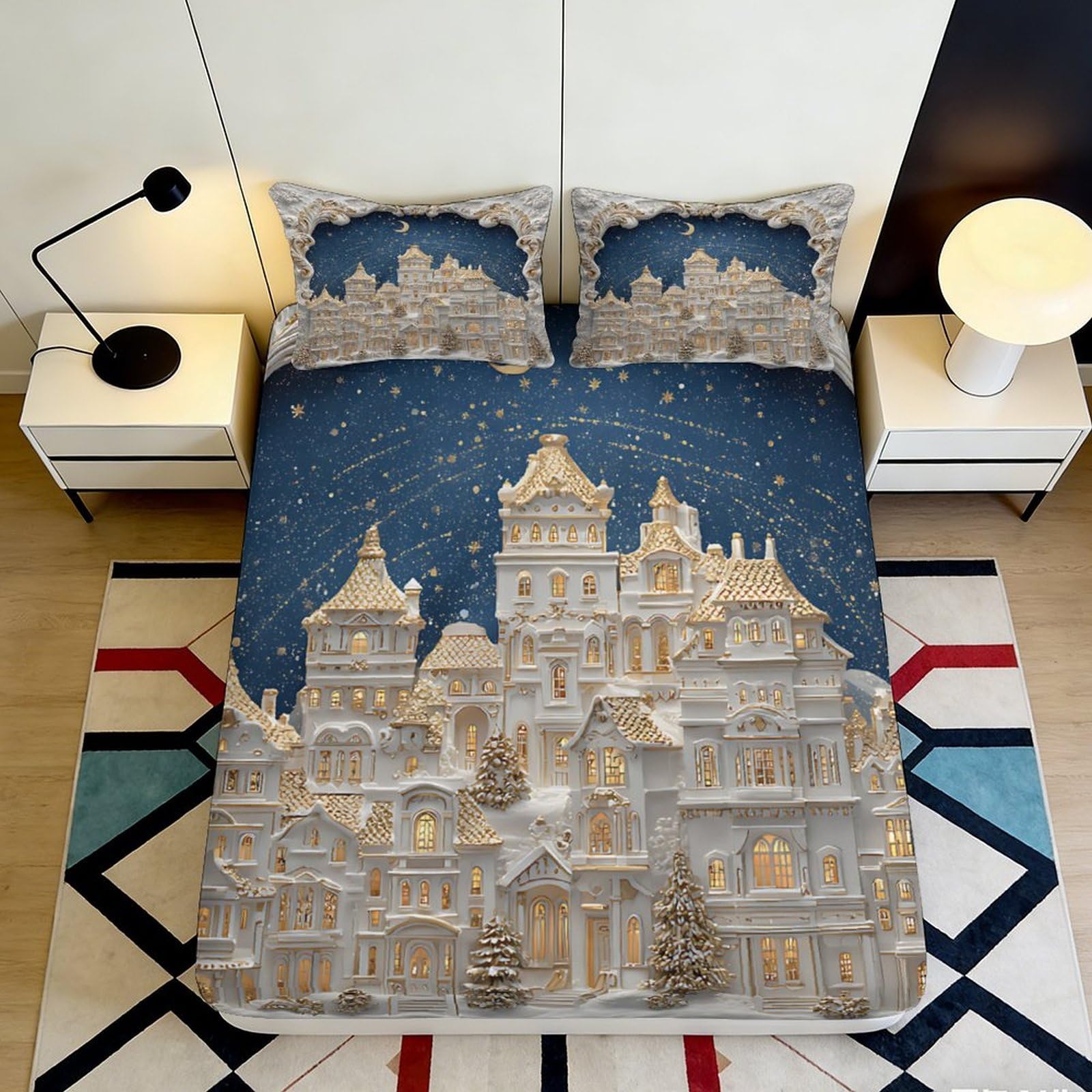 3D Printed Winter Castle Fitted Sheet Microfiber Soft Breathable Snowy Palace Bed Cover for Bedroom Decor Mattress Protection 90x200x25cm