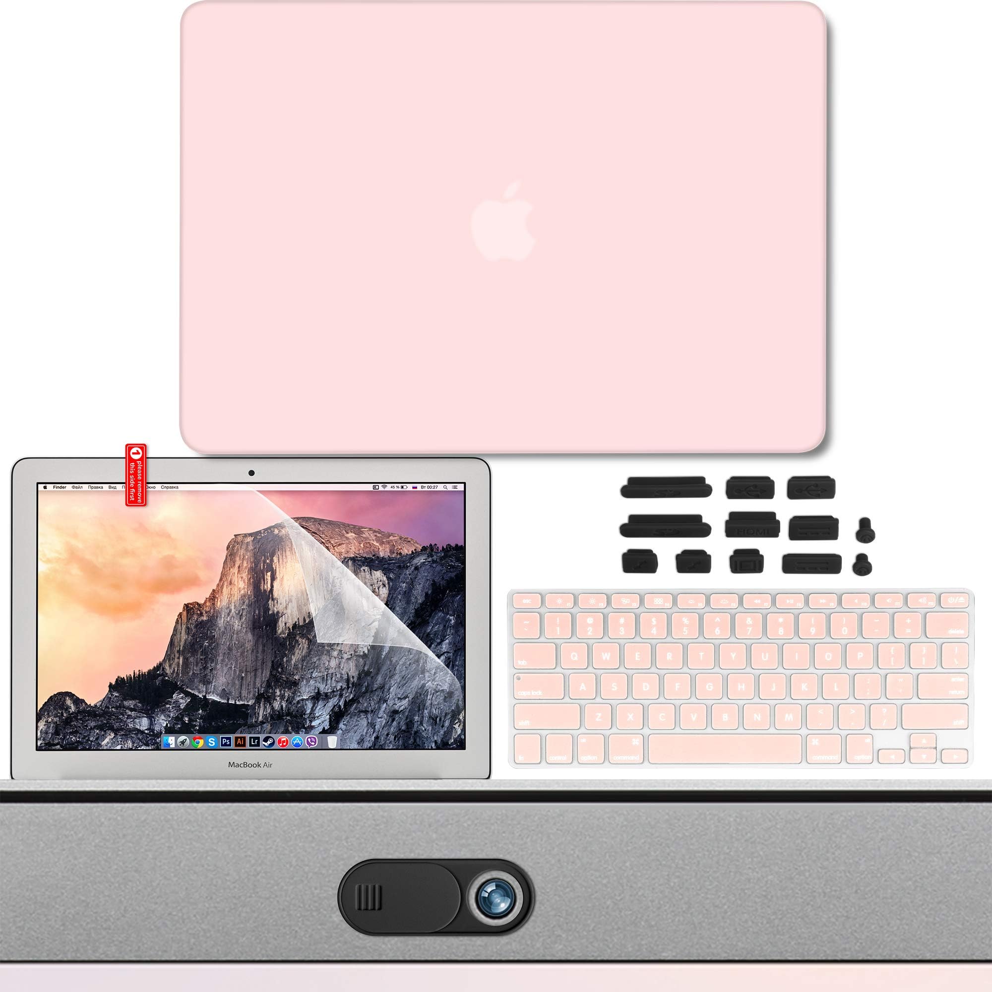 GMYLE MacBook Air 13 Inch Case Kit A1466 A1369 2010 2017, Privacy Webcam Cover, Anti Dust Plugs, Keyboard Cover, Screen Protector 5 in 1 (Baby Pink)