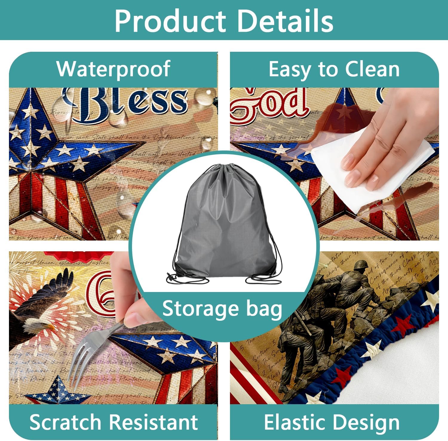 JAWO Patriotic 4th of July Picnic Table Cover with Bench Covers, Waterproof American Flag Eagle Tablecloth with Elastic Edge, Lightweight Camping Essentials for Rectangle Tables with Carrying Bag,96in