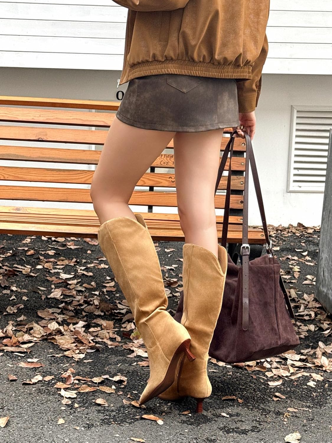 Coutgo Womens Wide Calf Knee High Boots Kitten Heel Pointed Toe Tall Boots Side Zipper Fall Winter Shoes - Image 3