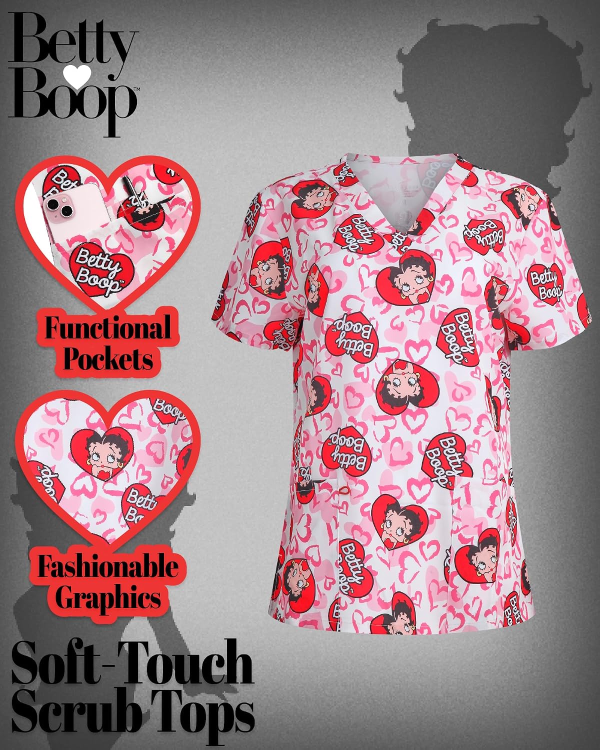 COCO BRANDS Betty Boop Womens Scrubs V-Neck Top with Pockets | All-Over Print, Breathable Easy-Care Fabric, Roomy Fit, Comfortable Medical Work Uniform for Nurses and Staff