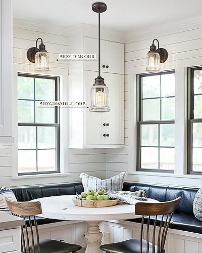 Miniatura 6 de Lámpara colgante de granja para isla de cocina, HWH lámpara colgante con acabado de bronce aceitado, lámpara colgante individual de 1 luz, vidrio