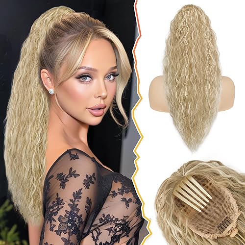 BARSDAR Curly Wavy Blonde Drawstring Ponytail Extension – 22 Inch