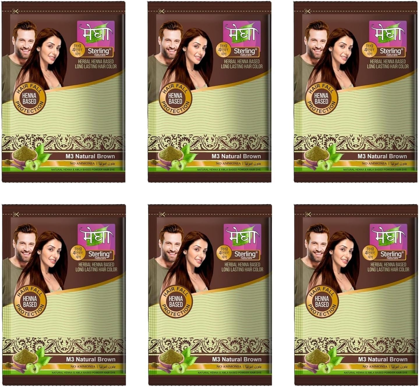 Megha Mehandi Hair Care Powder for Woman & Men - Herbal Long Lasting Organic Hair Colour, Henna& Amla Based Dye, (15 g, Pack of 6, Dark Brown)