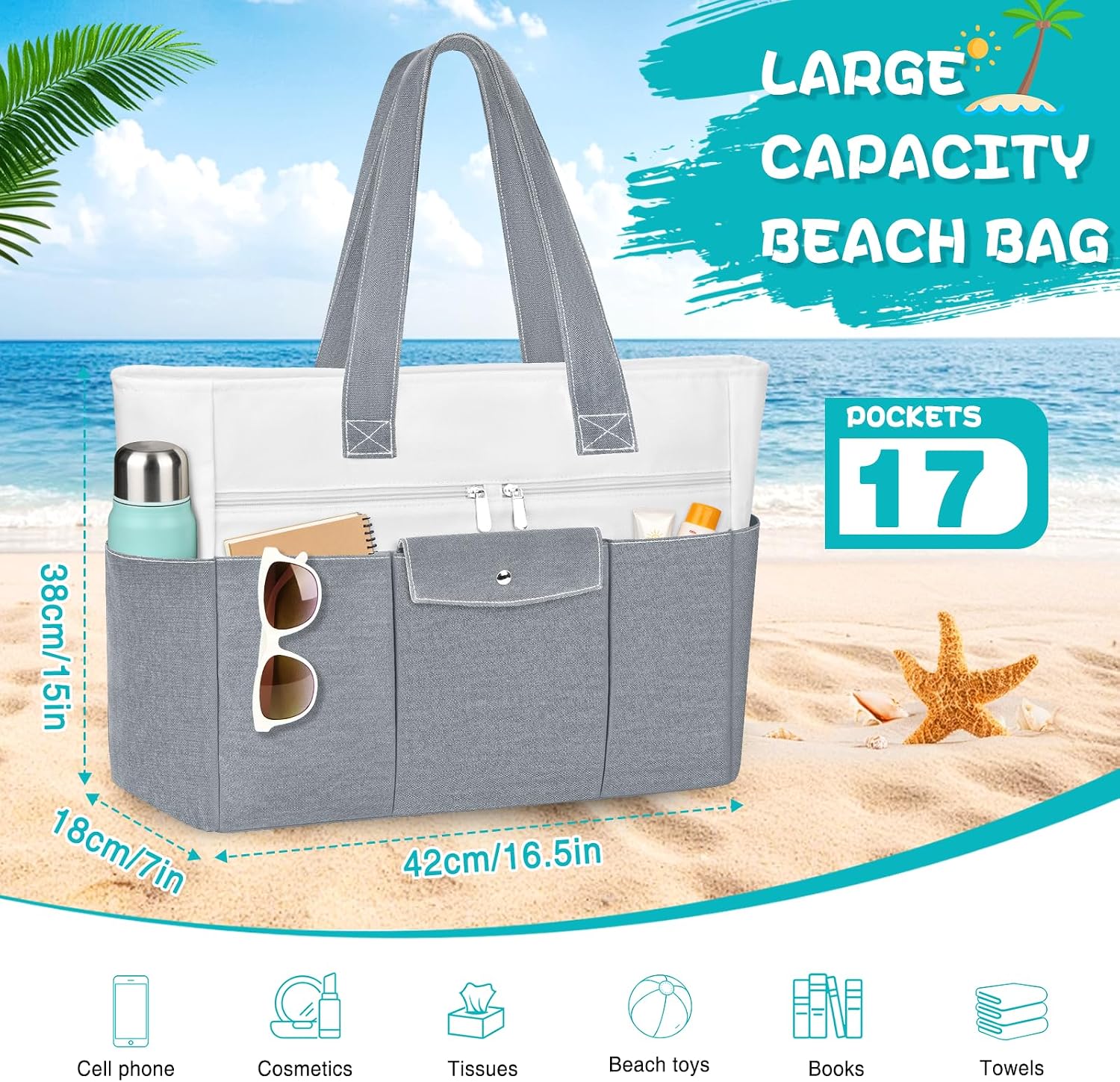 Beach Bags for Women Large Canvas Beach Tote with Zipper Wet Pocket, Waterproof Foldable Swim Pool Travel Tote Bags