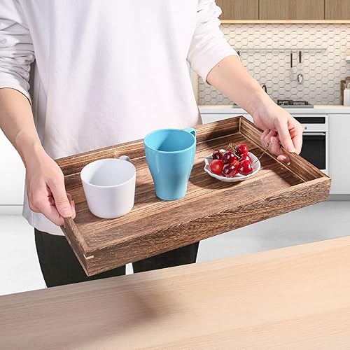 Miniatura 3 de LotFancy Bandejas de madera para servir juego de 7 piezas bandejas rústicas para alimentos con asas bandeja decorativa para charcutería para otomana