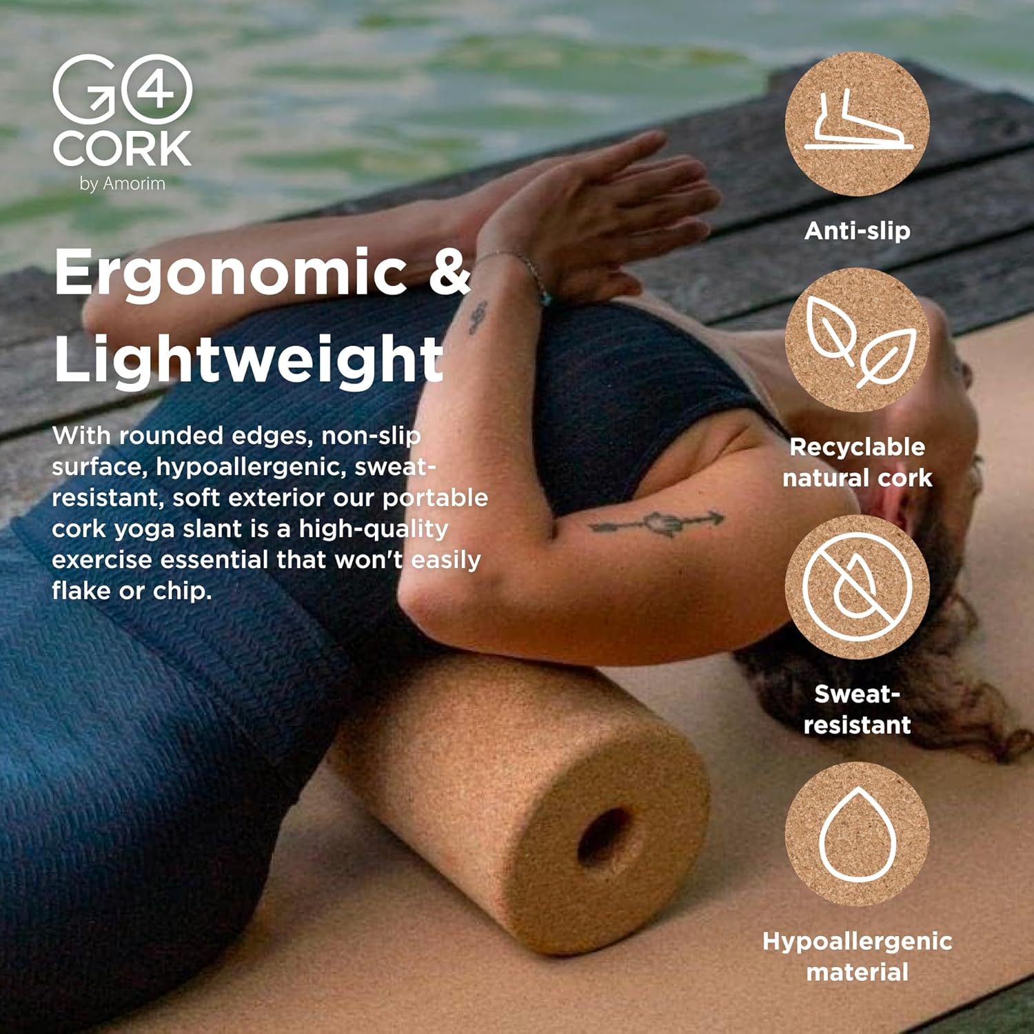 Go4Cork Smooth Cork Yoga Roller and Massage Roller for Massage, Stretching, Tension Relief & More | Non-Slip, Durable, Hypoallergenic & Sustainable Yoga Roller, 18" x 6", (Natural Cork)