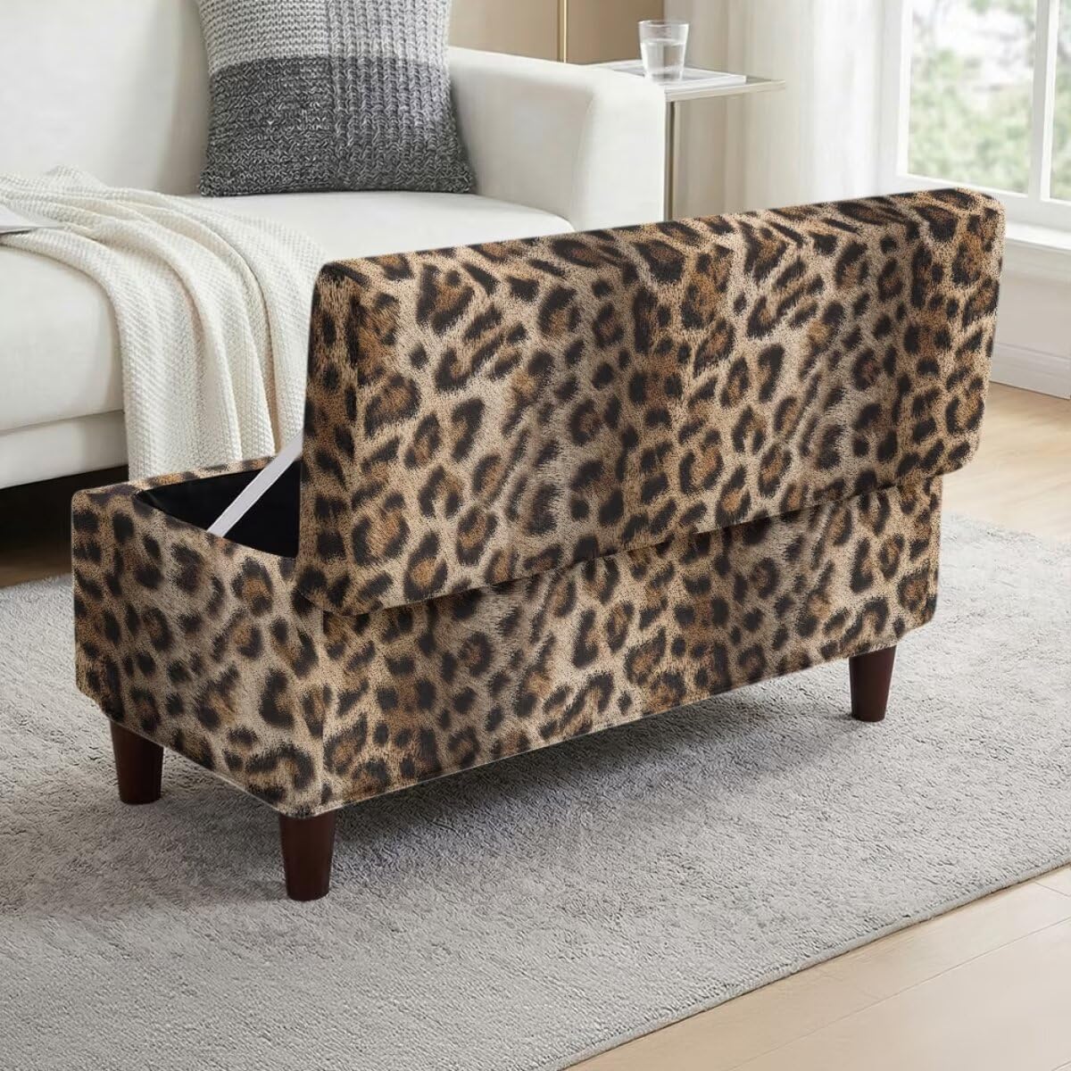 Leopard Print Stretch Ottoman Cover for Flip-Top Storage Bench, Washable Footstool Slipcover with Elastic Bottom, Non-Slip Stool Protector for Living Room
