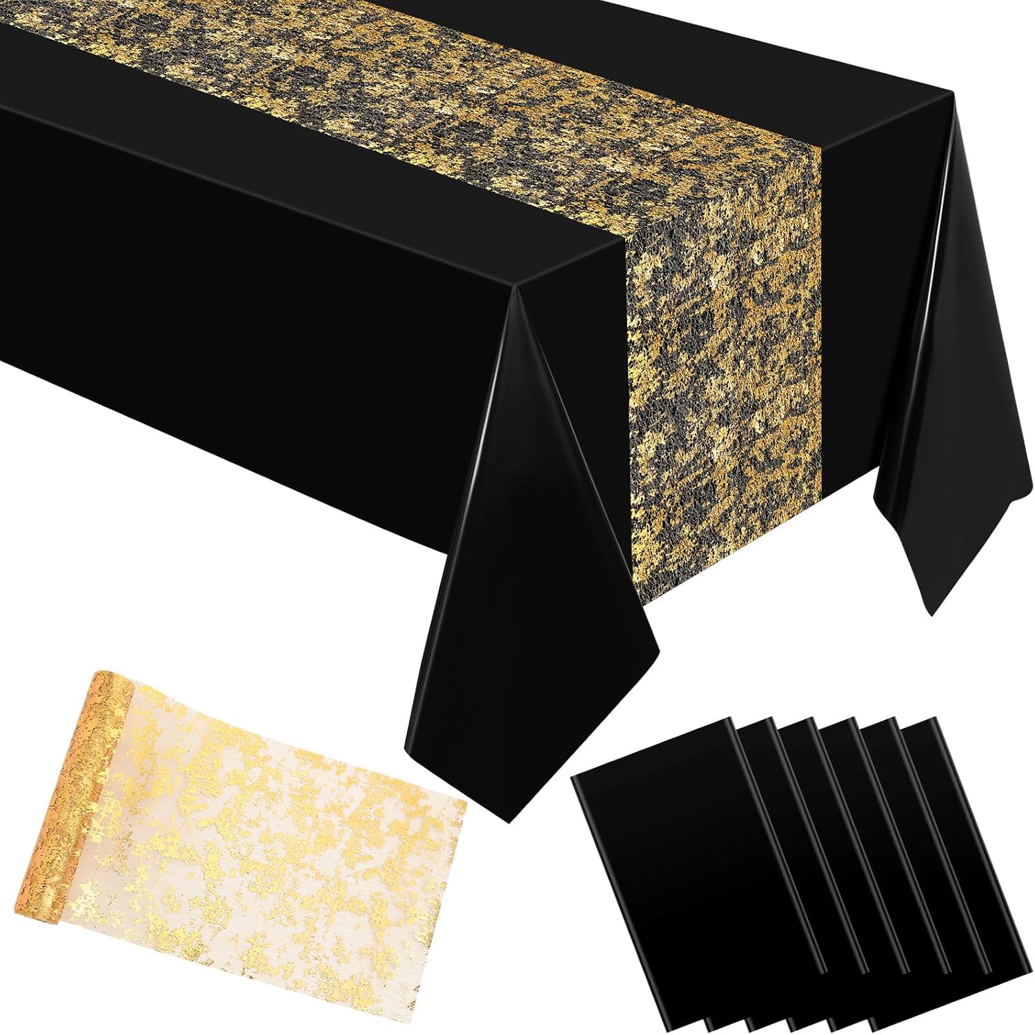 Mindsoft 6 Pieces of 54 x 108 Inch Rectangular Table Cloths and 6 Pieces of 11 x 108 Inch Gold Foil Metallic Mesh Table Runners Plastic Cover for Weddings Thanksgiving Christmas Birthday Party