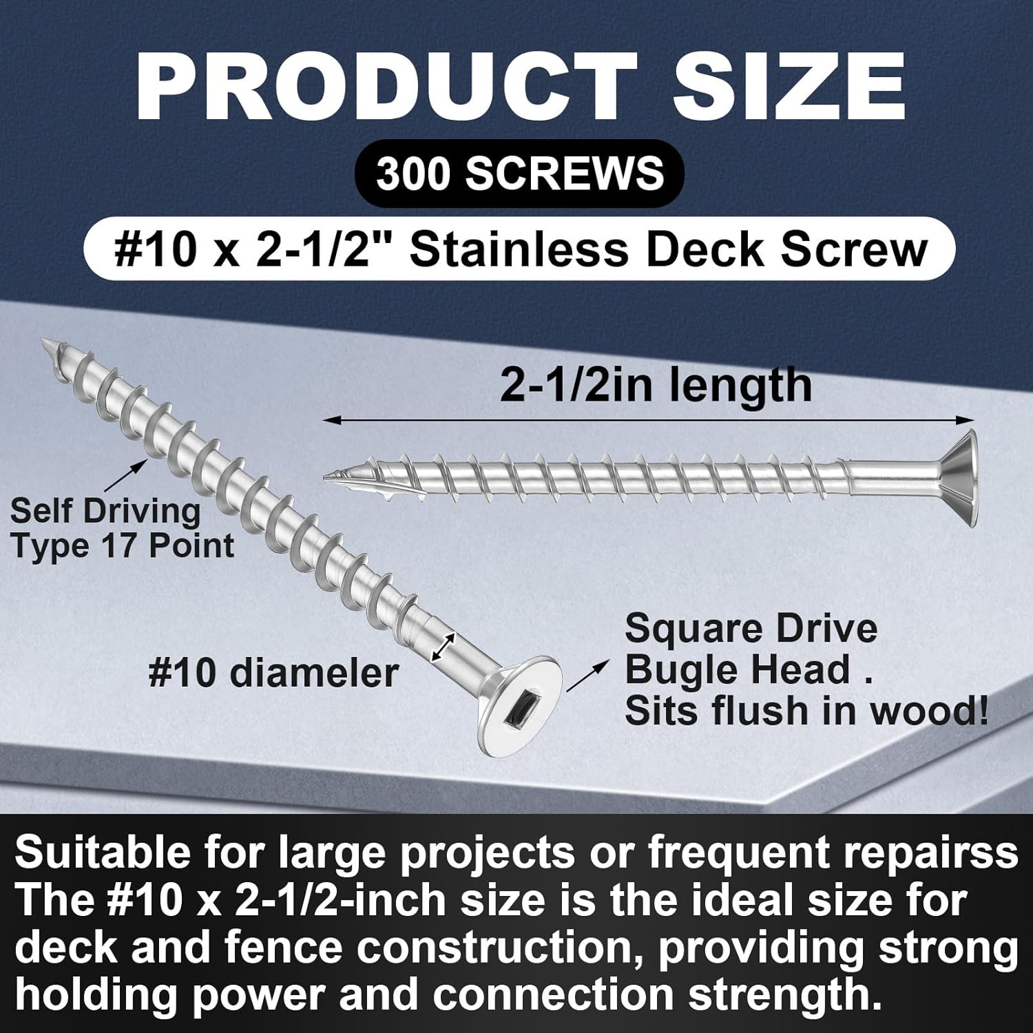 Blulu 300 Pcs 10 x 2-1/2" Deck Screws 304 Stainless Steel Deck Nails Square Drive Type, 17 Gauge Wood Cutting Point Concealed Fastener Bolt Corrosion Resistant for Marine Wood Decking Fence