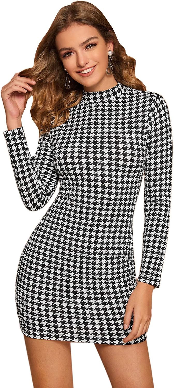 Romwe Women's Elegant Vintage Long Sleeve Crew Neck Stretchy Mini Short Bodycon Pencil Dress