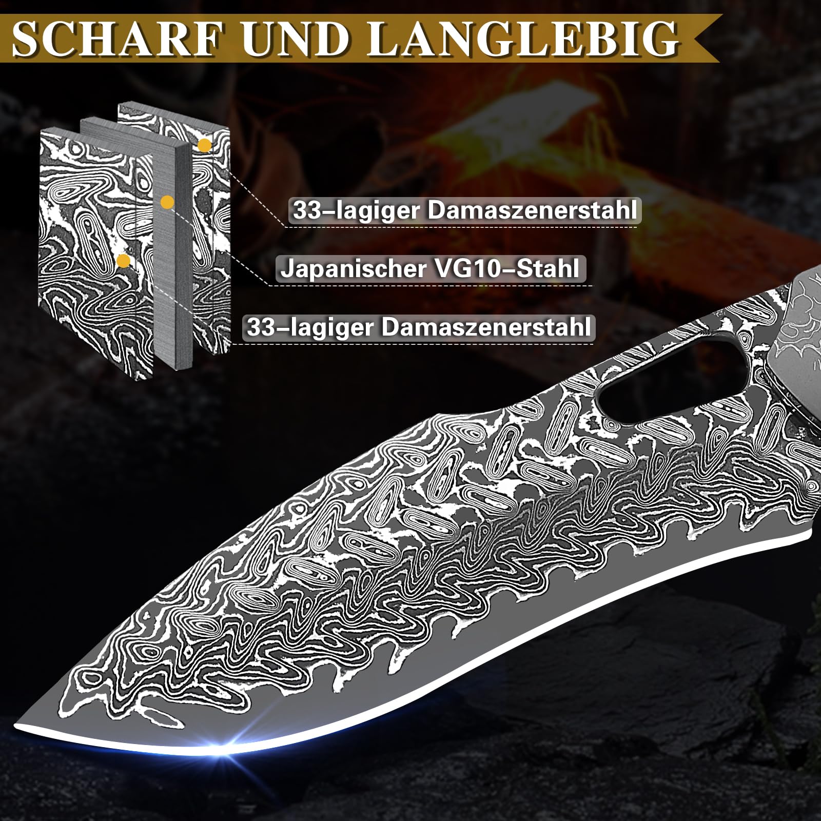 Handgefertigtes Klappmesser aus Damaszenerstahl, Taschenmesser für Herren, mit Lederscheide und Gürtelclip, Griff aus Ahorn mit Harzbeschichtung, ideal für Outdoor-Aktivitäten wie Wandern und Camping