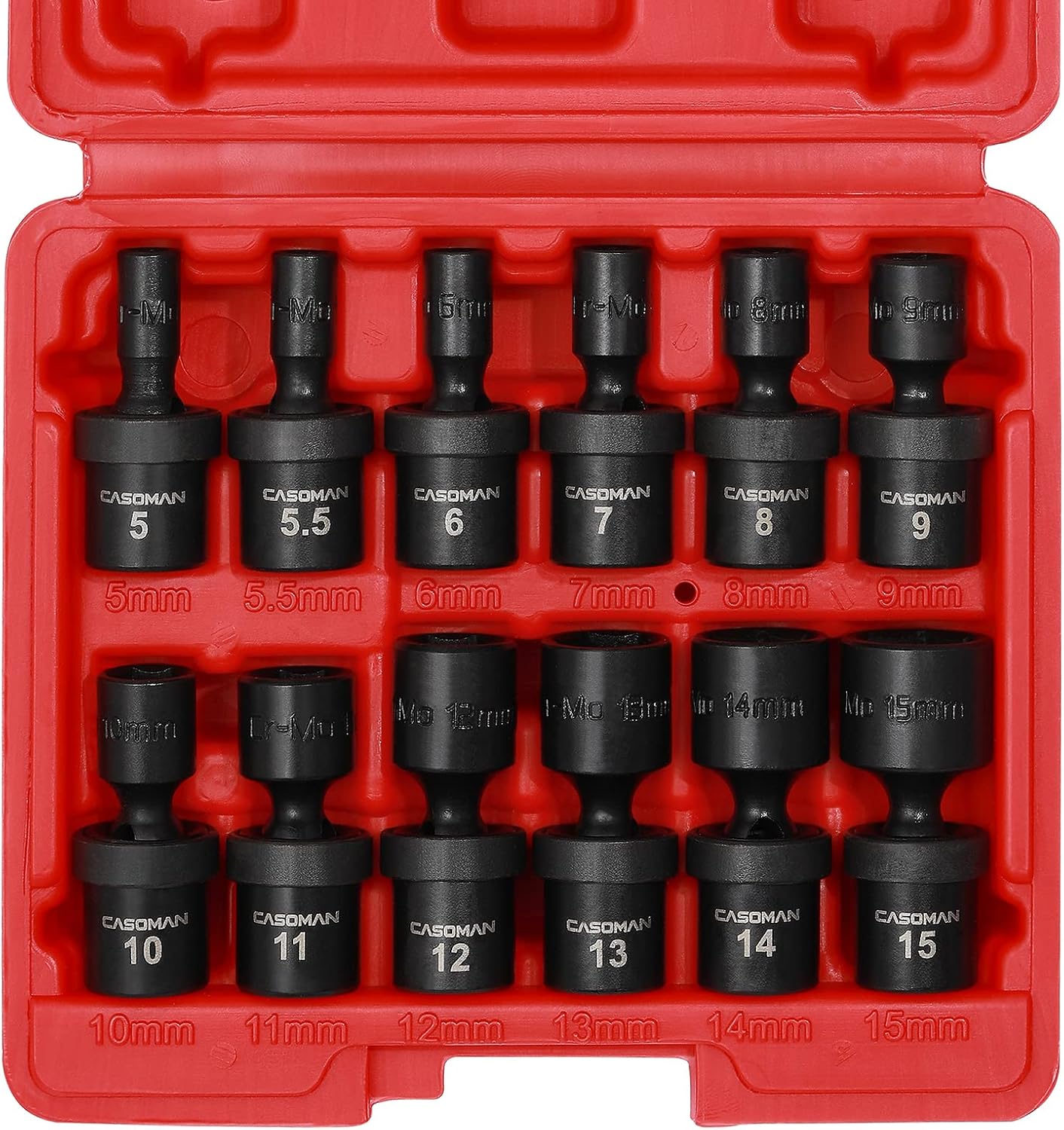 CASOMAN 1/4-Inch Drive Shallow Universal Impact Socket Set, Metric, 12 Pieces Set, 5mm to 15mm, 6-Point, Cr-Mo, Swivel Socket