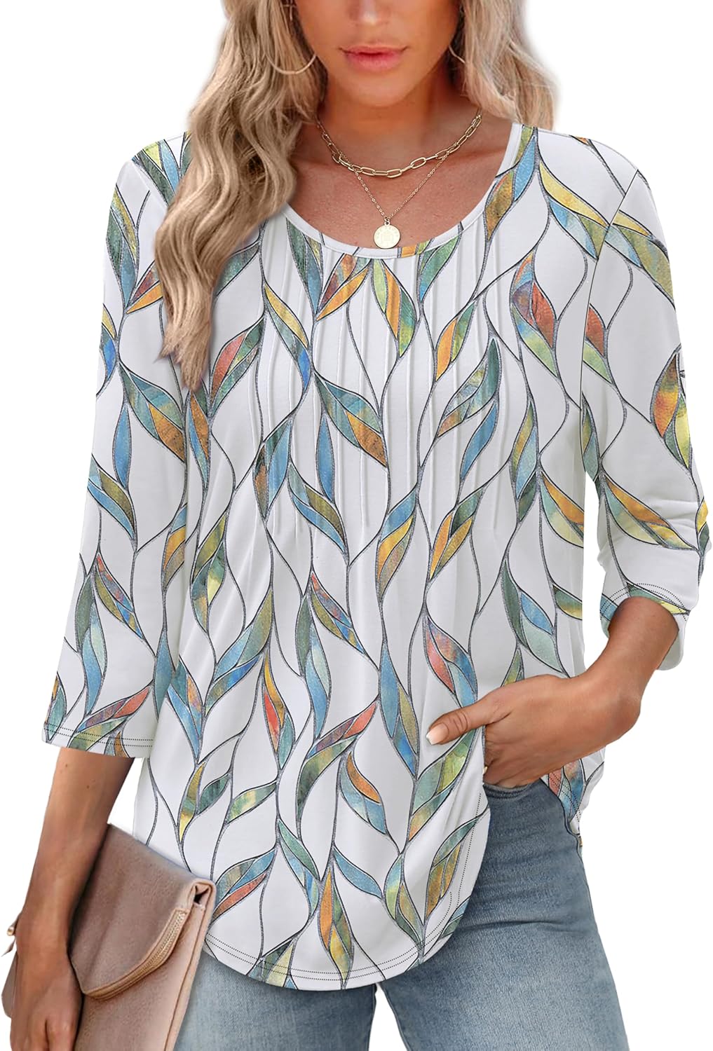 Aokosor Womens Tops 3/4 Sleeve Tops for Women 2025 Scoop Neck Casual Pleated Tunic Loose Fit Shirts Blouses