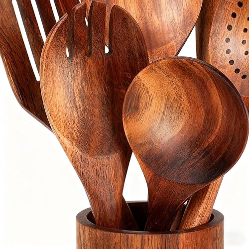 Miniatura 3 de Juego de espátulas de madera  9 piezas de acacia  Colección de utensilios de cocina  Herramientas de cocina naturales para hornear servir mezcla y