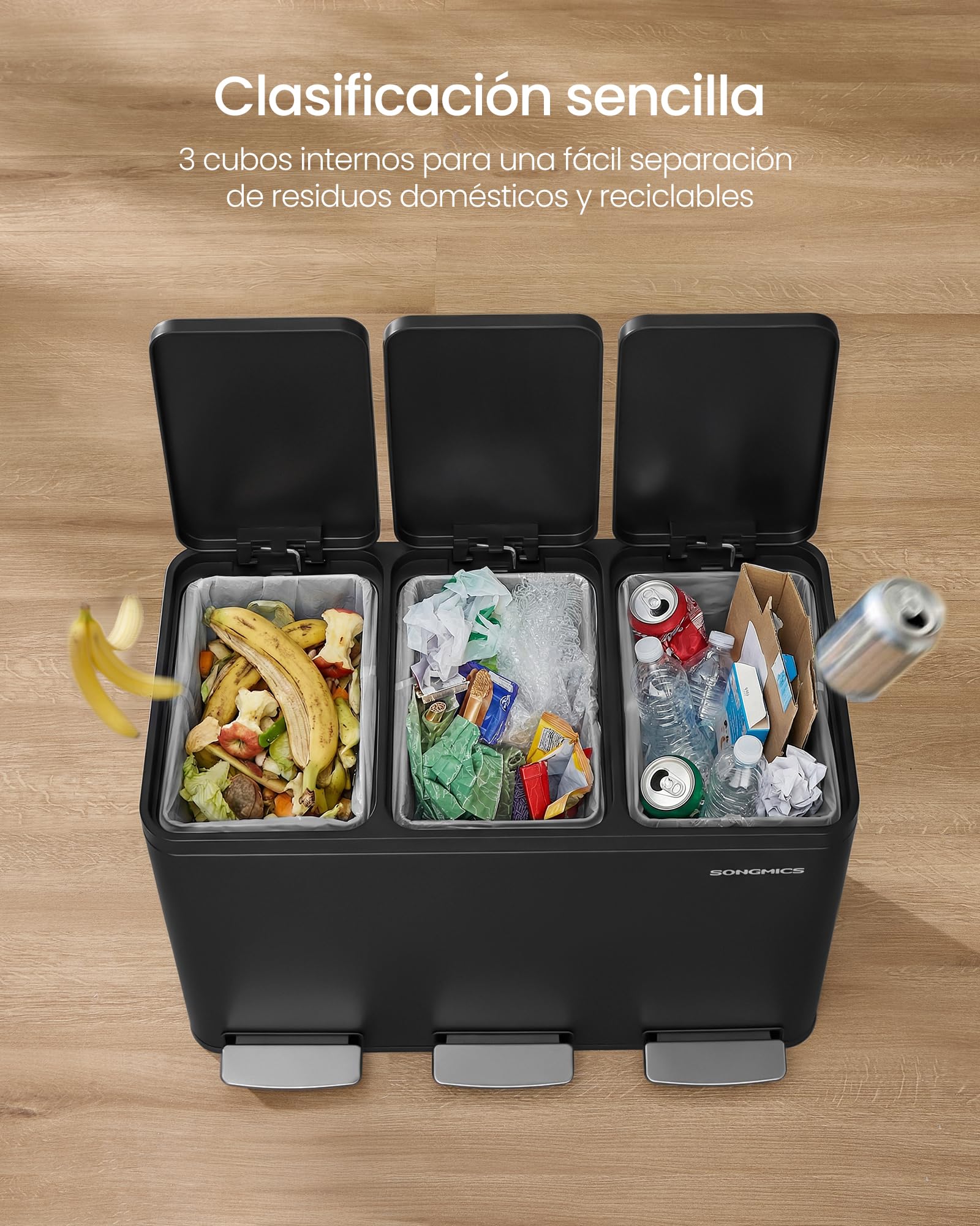SONGMICS Cubo de Basura de Cocina de 3 x 15 L, con 3 compartimentos, 15 Bolsas, Cubos Extraíbles, Tapa, Asas, Cierre Suave, Acero, Negro Tinta LTB145BZ02