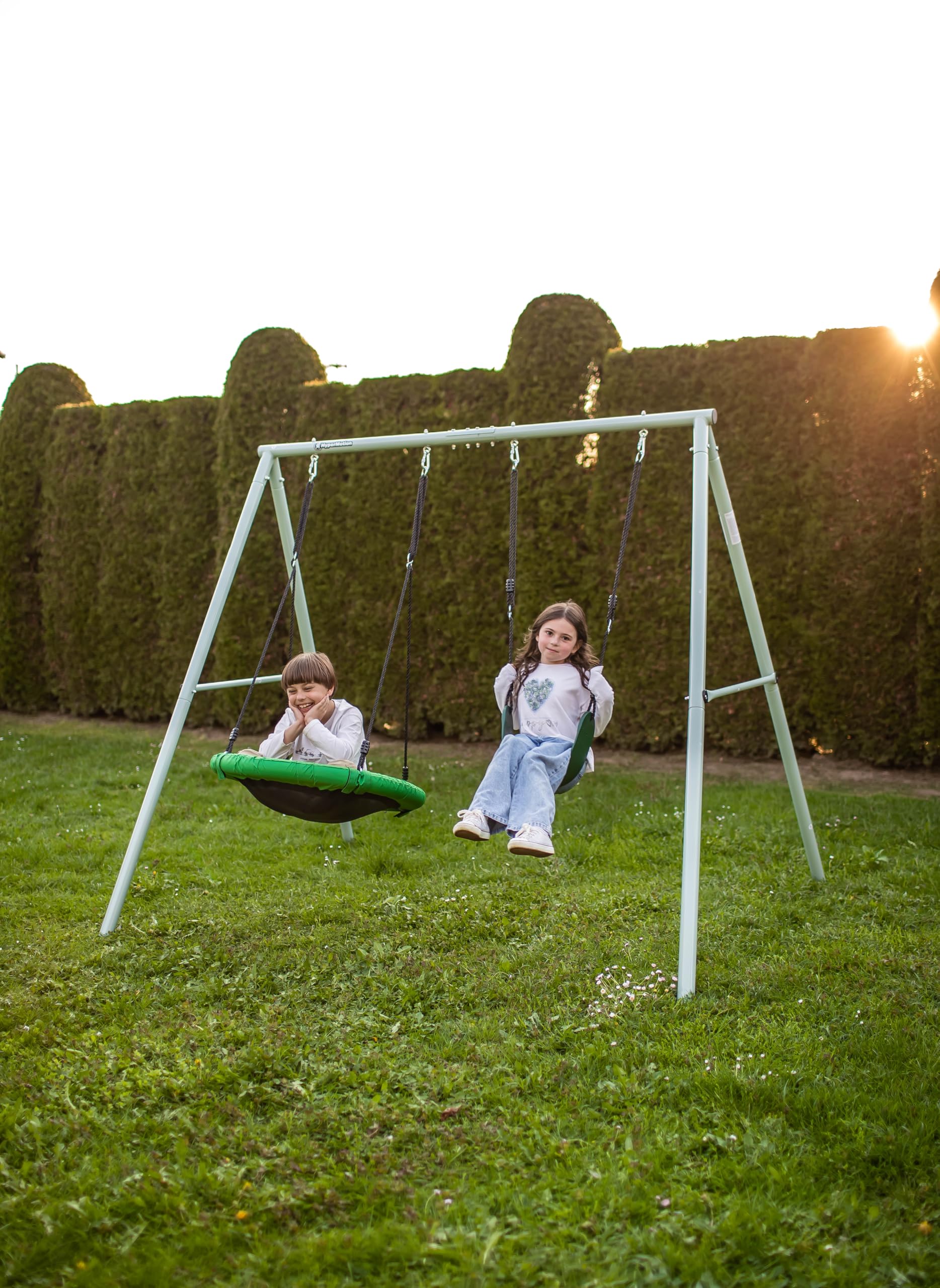 HyperMotion Columpio Infantil Doble para Jardín Exterior - Asiento y Nido de Cigüeña Ajustable con Estructura en A - para 2-3 Niños, Carga 200kg, Resistente UV
