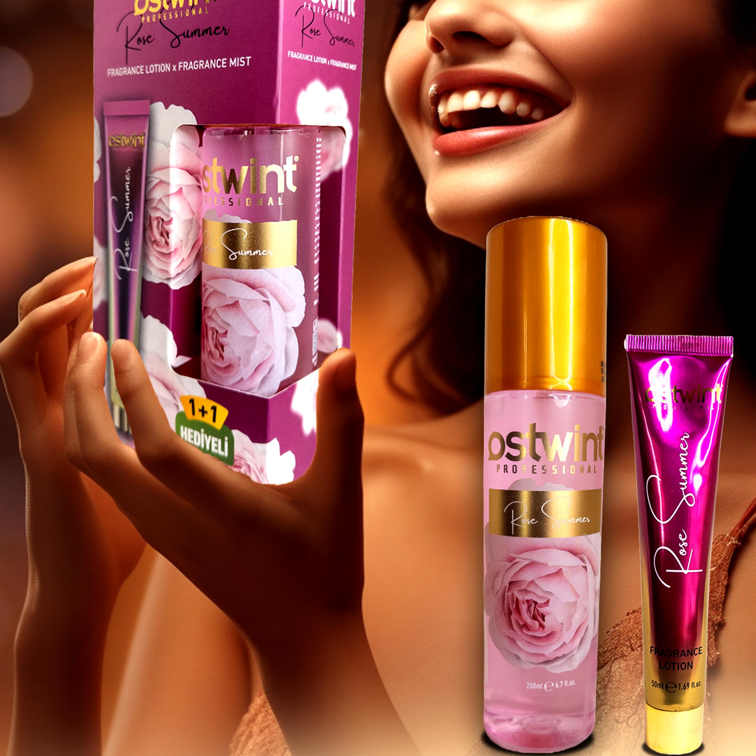 Ostwint Fragrance Mist Rose Summer Vücut Spreyi 200ml & Vücut Kremi 50ml Set - Tatlı Yaz Akşamı Esintisi ve Çiçeksi Parfüm Kokusu - Nemlendirici