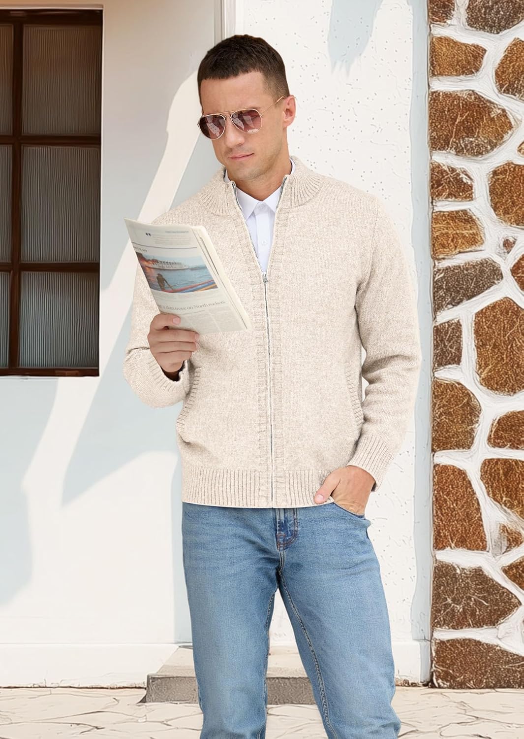 NITAGUT Men's Cardigan Sweater with Pockets Full Zip Up Stand Collar Cardigan Long Sleeve Knitted Sweaters - Image 3