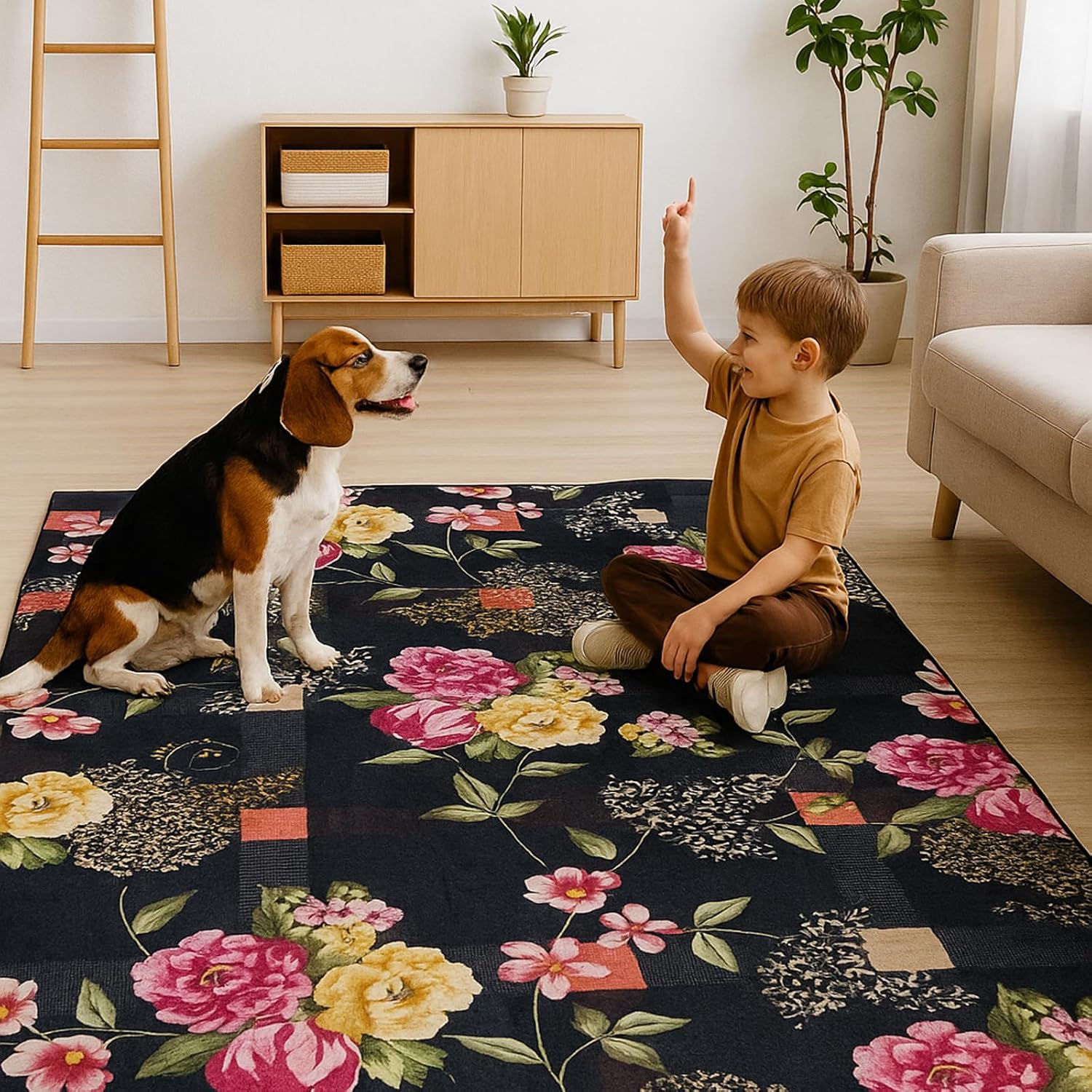 Washable Rug 5x7 Black Area Rug for Living Room Bedroom,Geometric Area Rug with Pink Gold Floral,Bohemian Retro Non Slip Carpet,Ideal for Home Office Patio Farmhouse Playroom Dining Room
