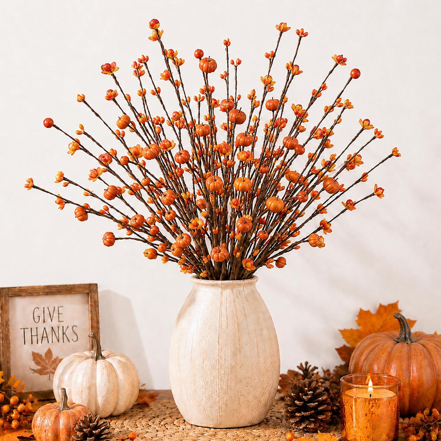 RAINFLOW 3PCS Thanksgiving Fall Floral Stems with Mini Pumpkins & Berries