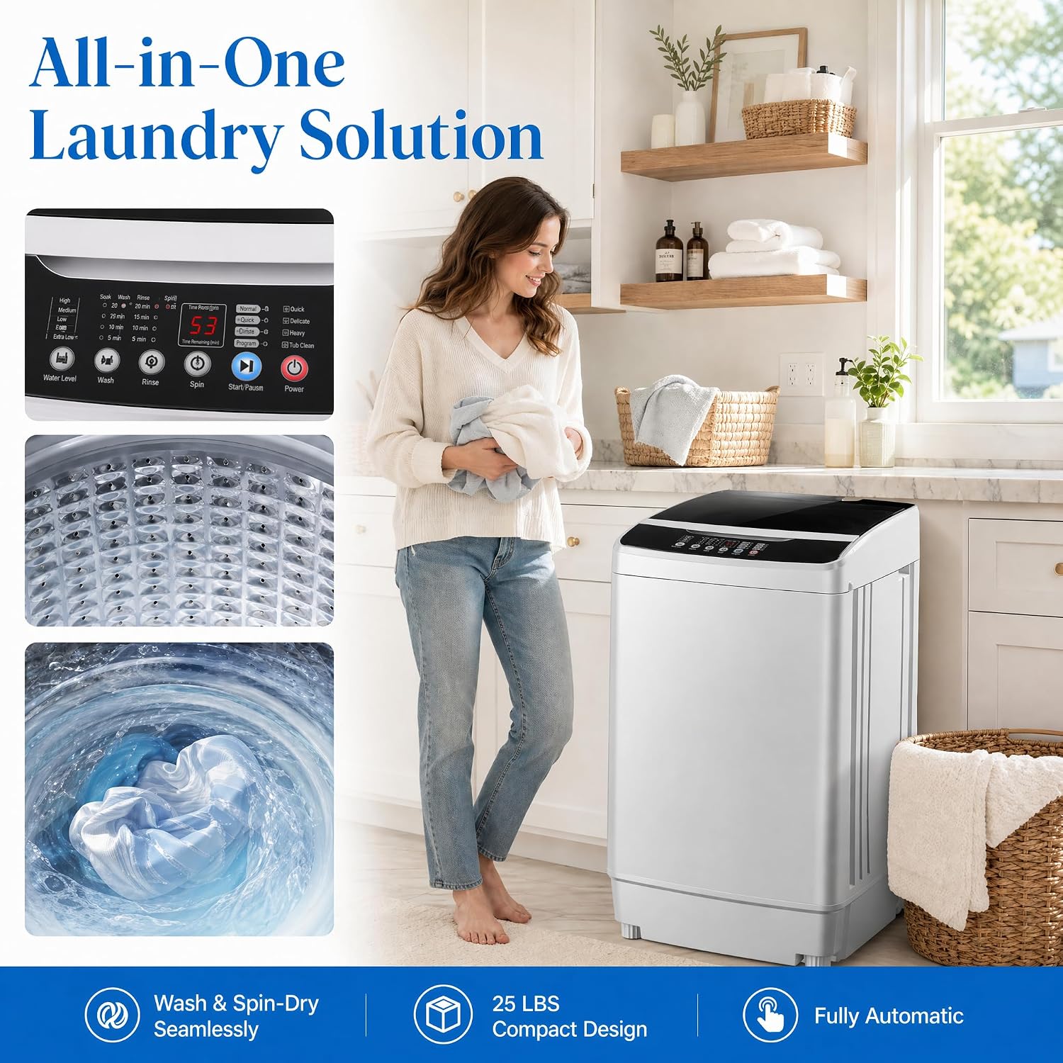 17.8/25/30 lbs Portable Washing Machine, Full-Automatic Compact Washer & Spin Dryer Combo, Stainless Steel Drum, Drain Pump, Digital Control, 26min Quick Wash for Apt Dorm Home (25 lbs) thumbnail