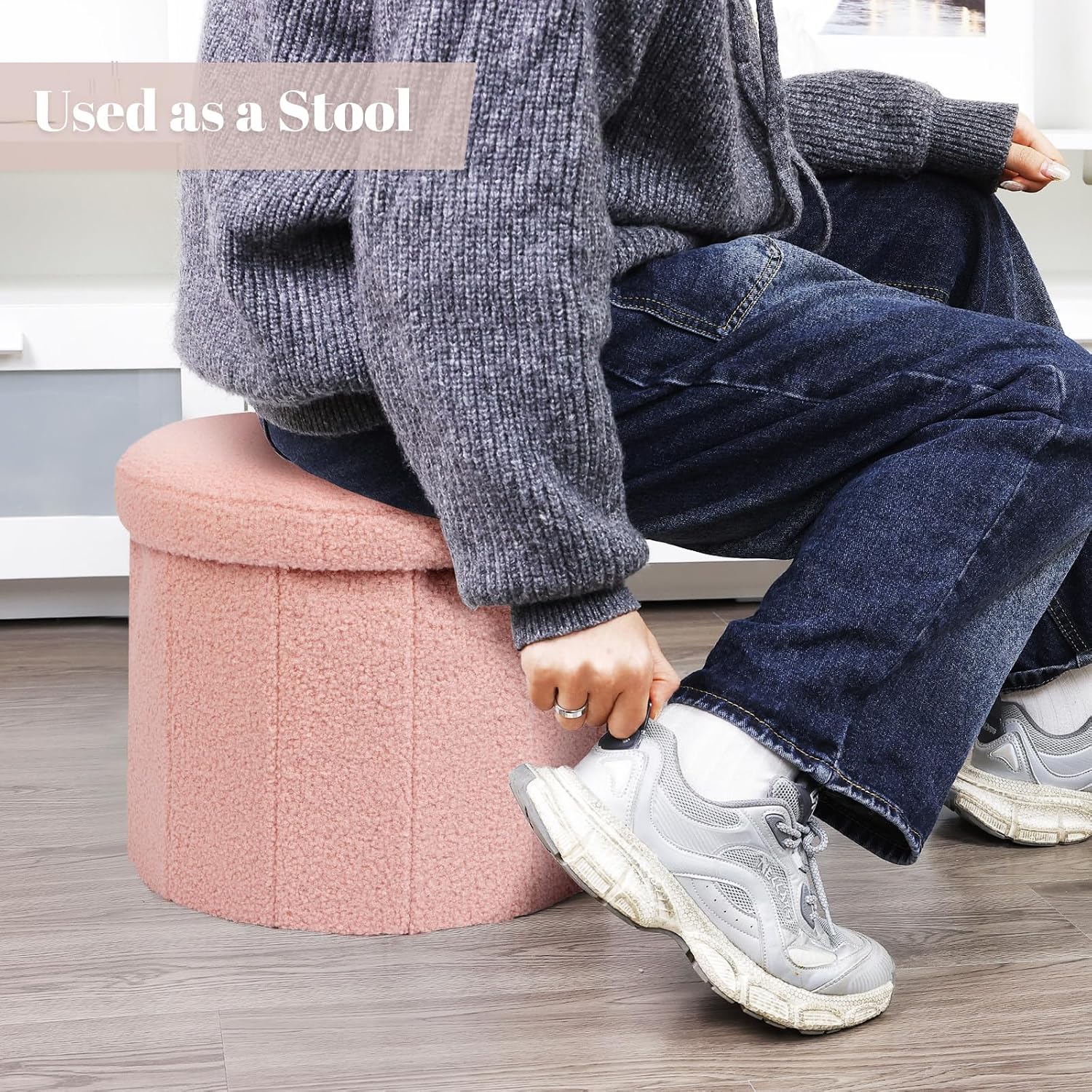 BoxedHome Round Pouf Ottoman with Storage, Ottomans Foot Rest Stool, Vanity Stool Chair & Circle Coffee Table, Padded Boucle Ottoman Seat for Dorm Bedroom Living Room, Support 220lbs, Pink