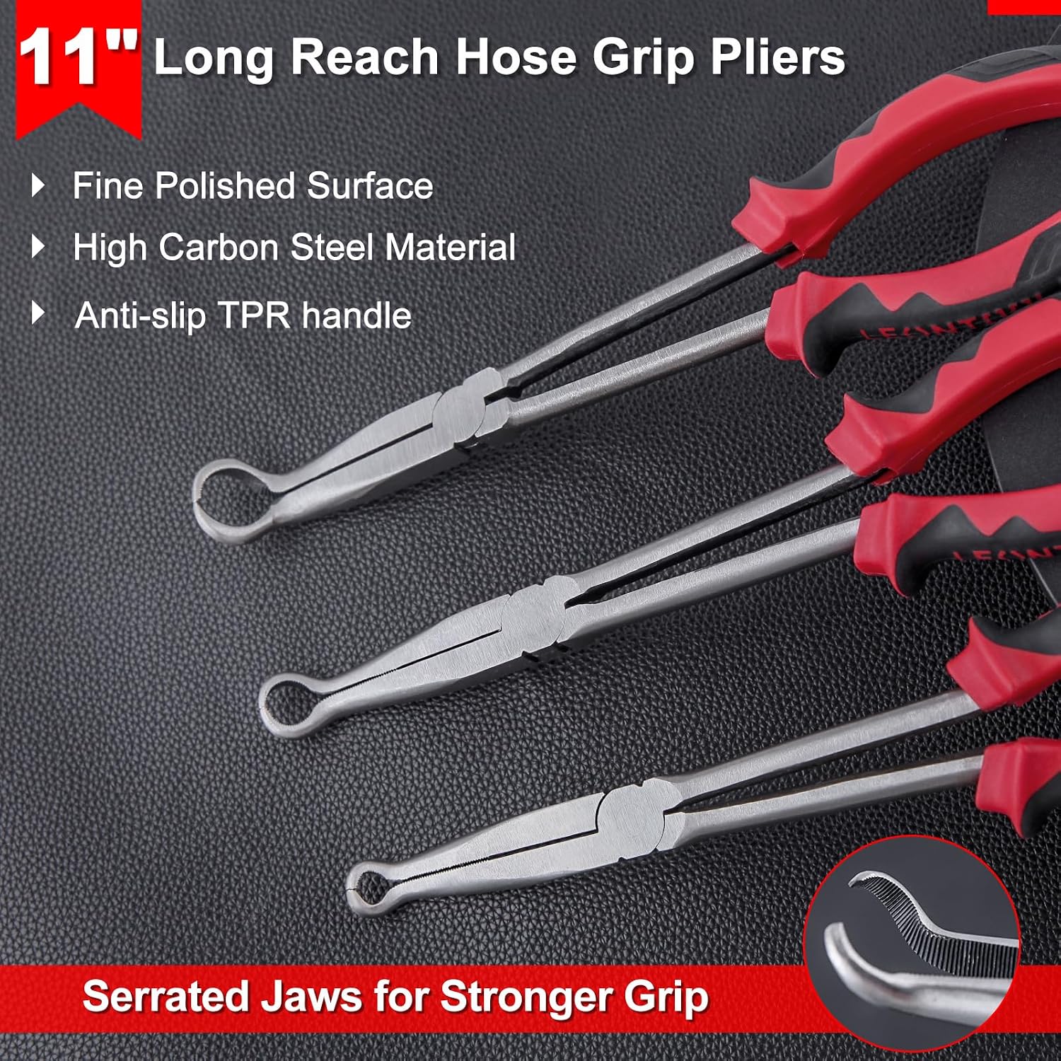 3PCS 11 Inches Long Reach Hose Grip Pliers Set, 3/8", 1/2", 3/4" Dia Offset Spark Plug Boot Removal Plier, Ring Nose Plier with Serrated Jaw, Automotive Hose Gripper Plier for Narrow Spaces