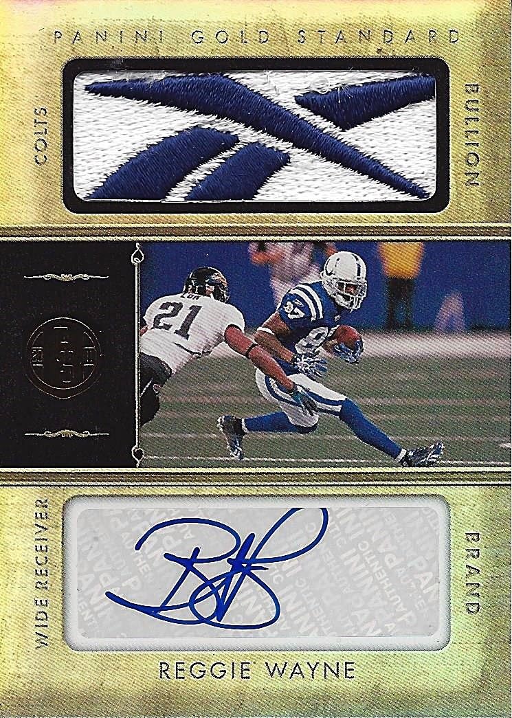 REGGIE WAYNE 2011 Panini Gold Standard Football BULLION BRAND JERSEY AUTOGRAPH (Full Reebok Patch) Game-Worn Indianapolis Colts Extremely Rare Signed Insert NFL Collectible Football Trading Card #2/2