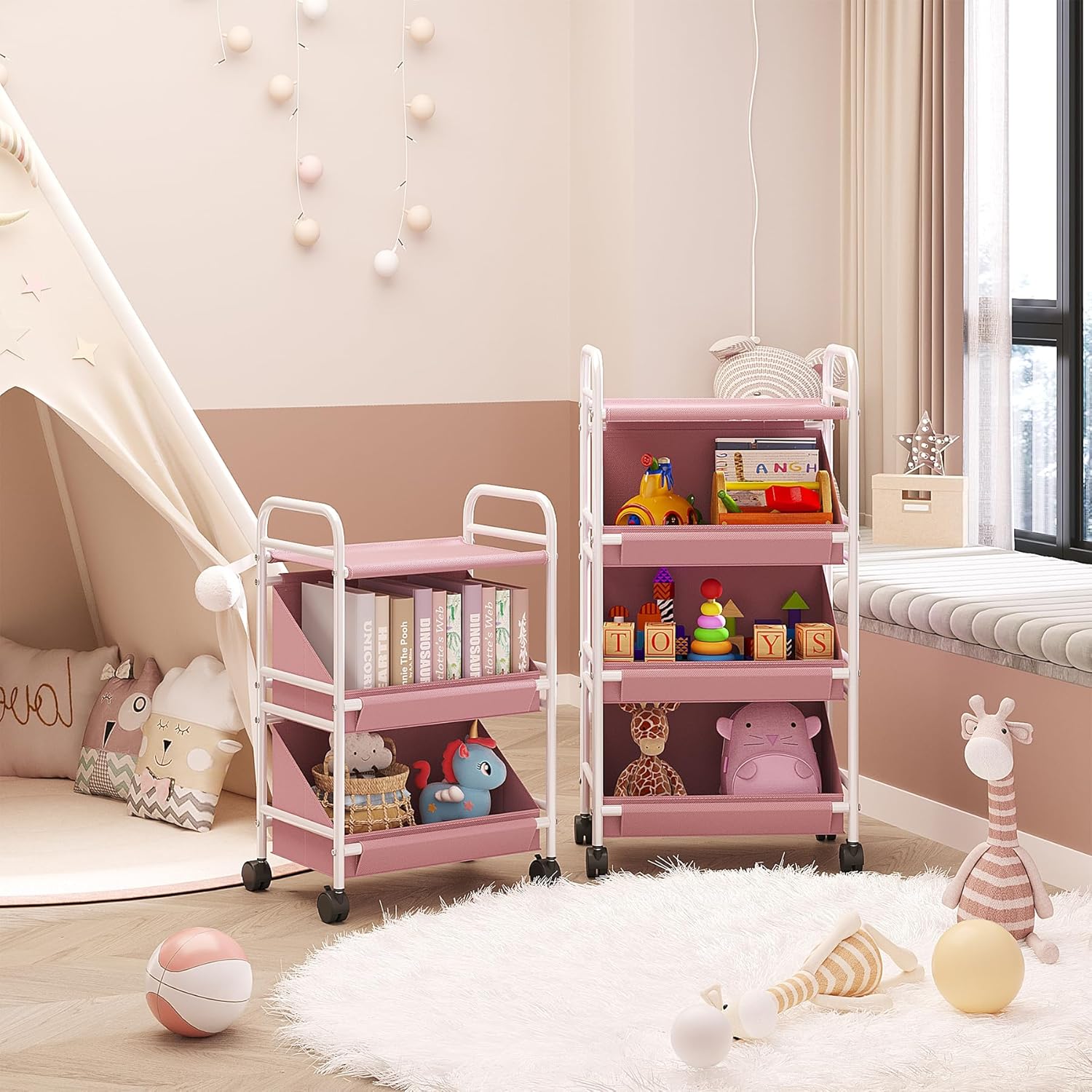 Buzowruil Utility Rolling Fabric Storage Rack Trolley Toy Cart Trolley with 3 Large Storage Boxes,Wheels, Suitable for Bedroom, Living Room, Entryway, Pink