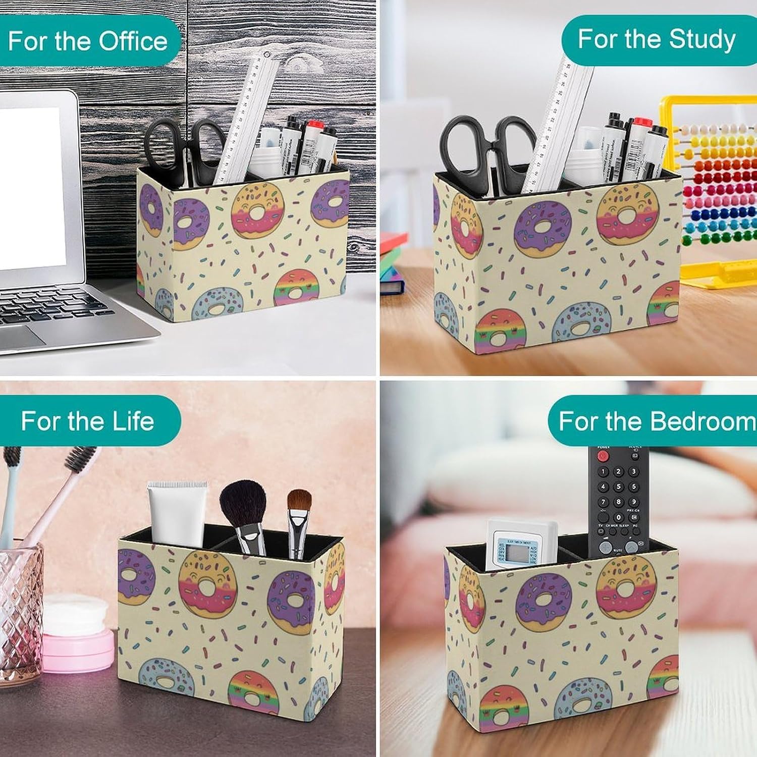 Donuts Colorful Doughnuts Sweet Pencil Pen Holder PU Leather Desk Storage Organizer Makeup Brush Box
