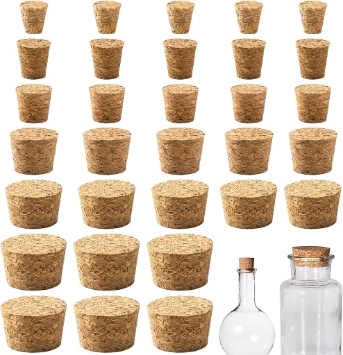 Natural Cork Stoppers for Bottles, 30Pcs, Assorted Sizes | Soft Wood Tapered, Salt and Pepper DIY Projects, Airtight Sealing, Laboratory & Wine Bottles