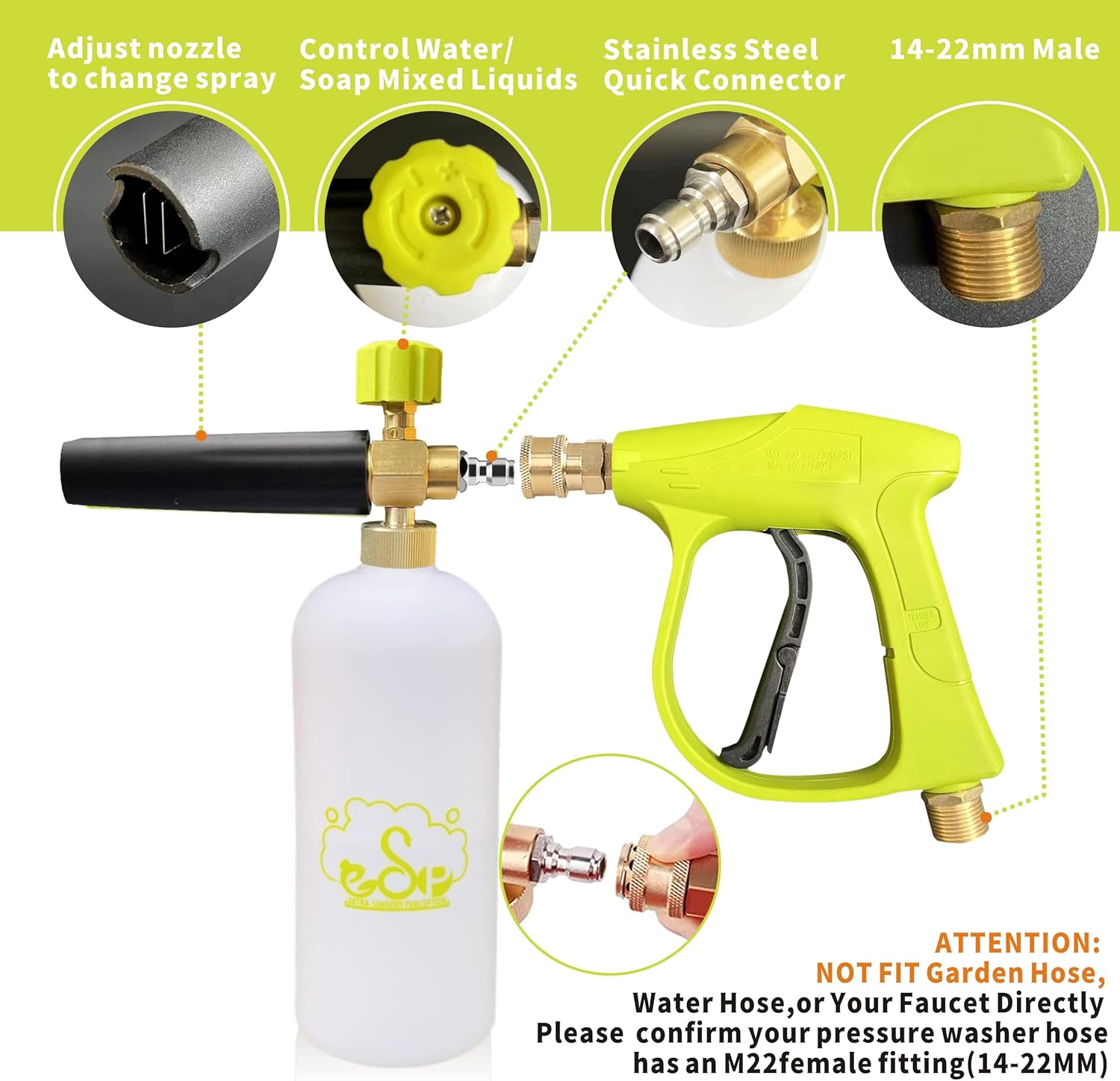 ESP Car Wash Foam Gun High Pressure Car Washer Household Water Gun Foam Generator Washing Blaster 5 Nozzle Tip M22 Adapter with 1 Liter Bottle Washing Mitts Towel